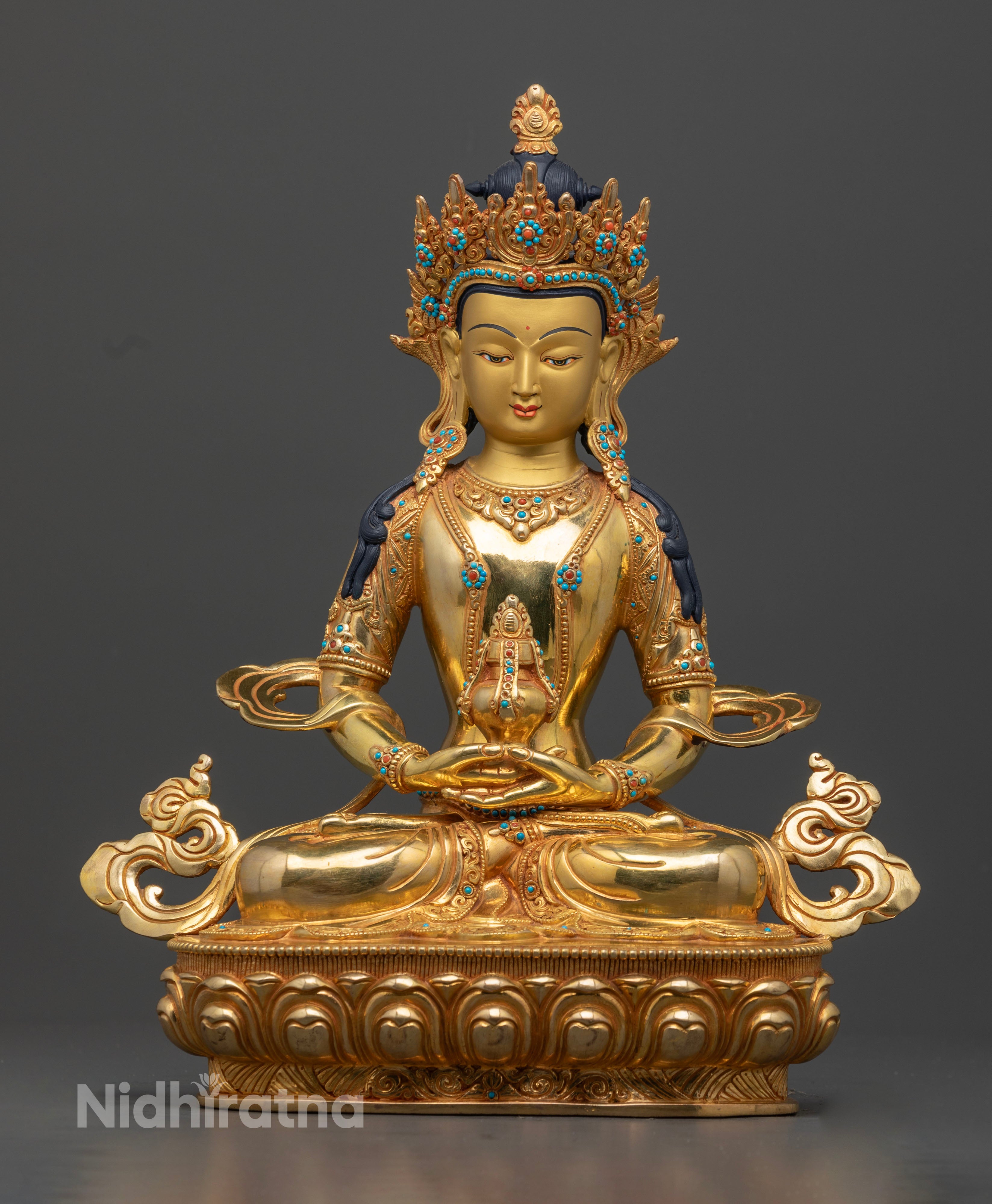 Amitayus Statue showcasing intricate details five-jeweled crown and an amrita vase, seated elegantly on a lotus throne atop a moon disc