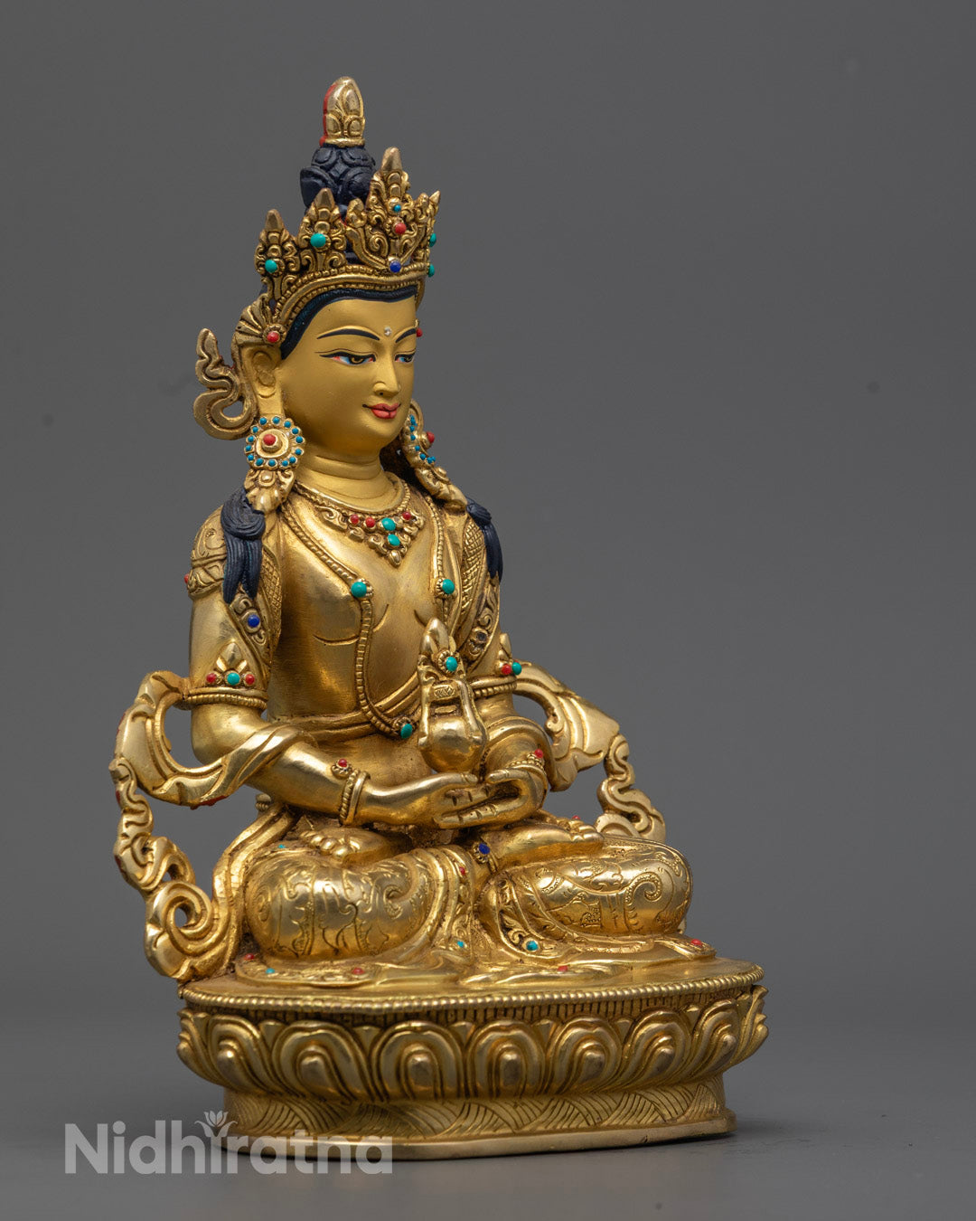 Amitayus Statue – 24K Gold-Plated Buddha of Longevity & Wisdom with Semi-Precious Stones