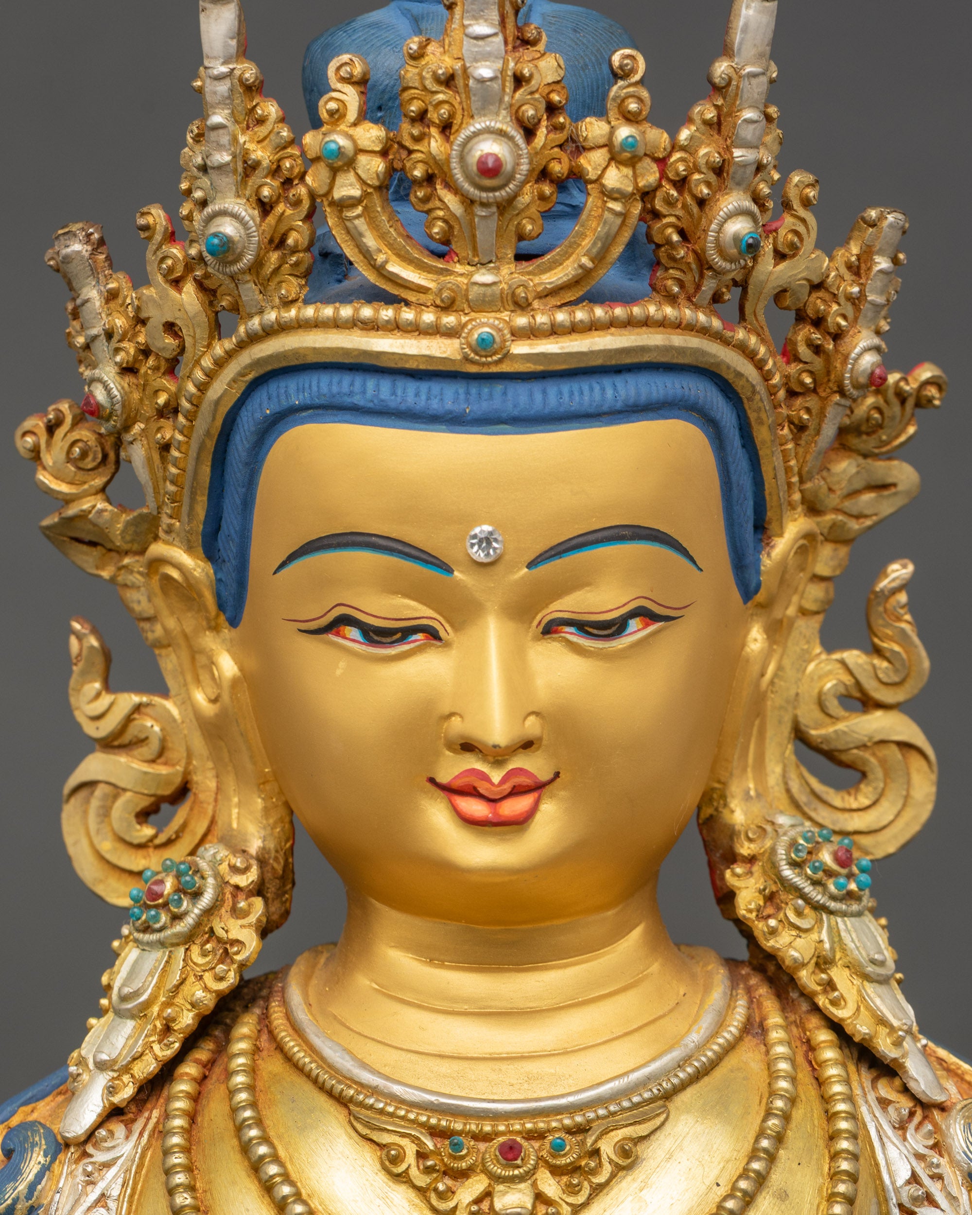 Amitayus Statue Face Close Up Gold Fire-Gilded and Silver-Plated Jewelry