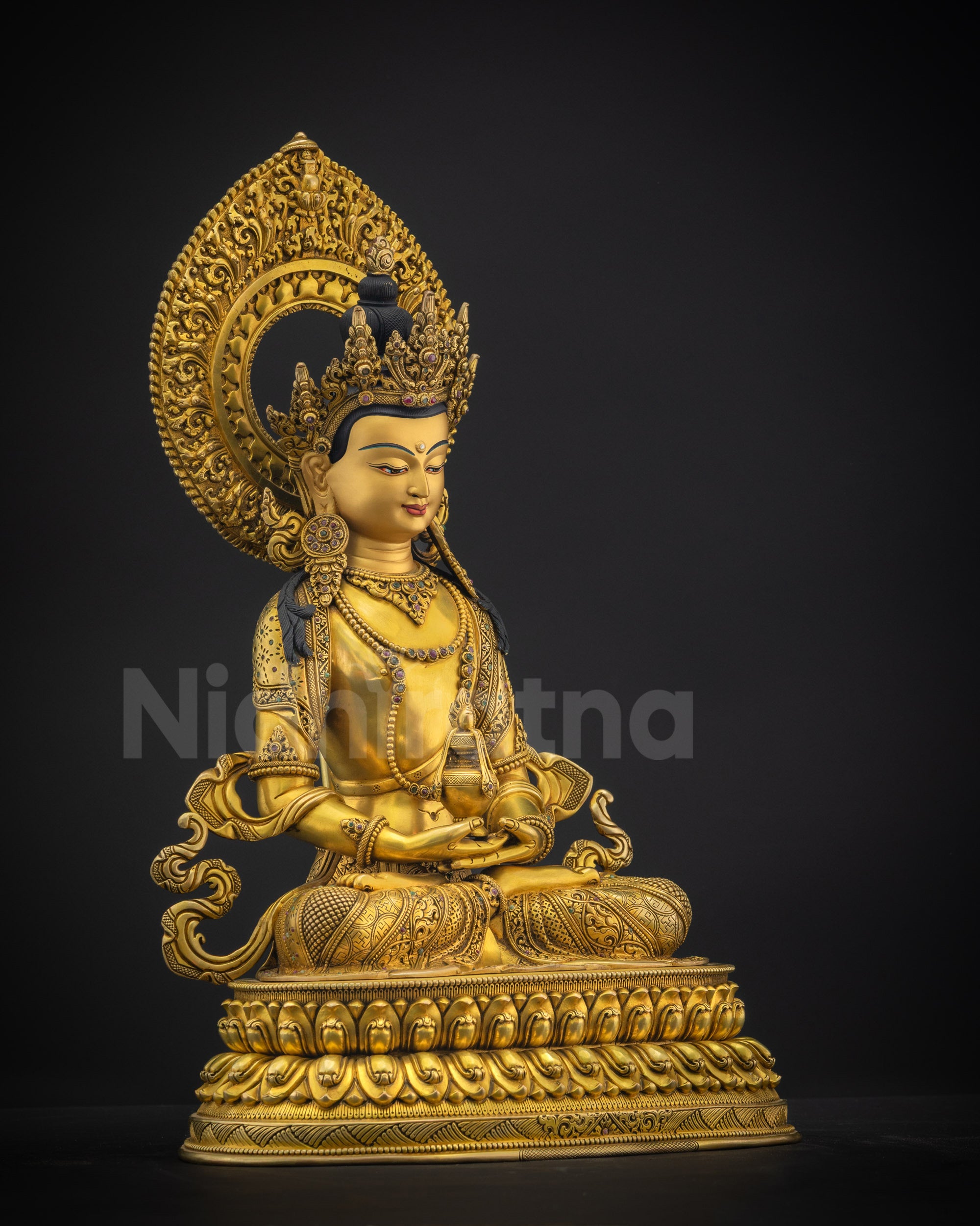Right side view of Amitayus Masterpiece Statue showing long-life vase (kalasha), meditation posture, and ornate jewelry