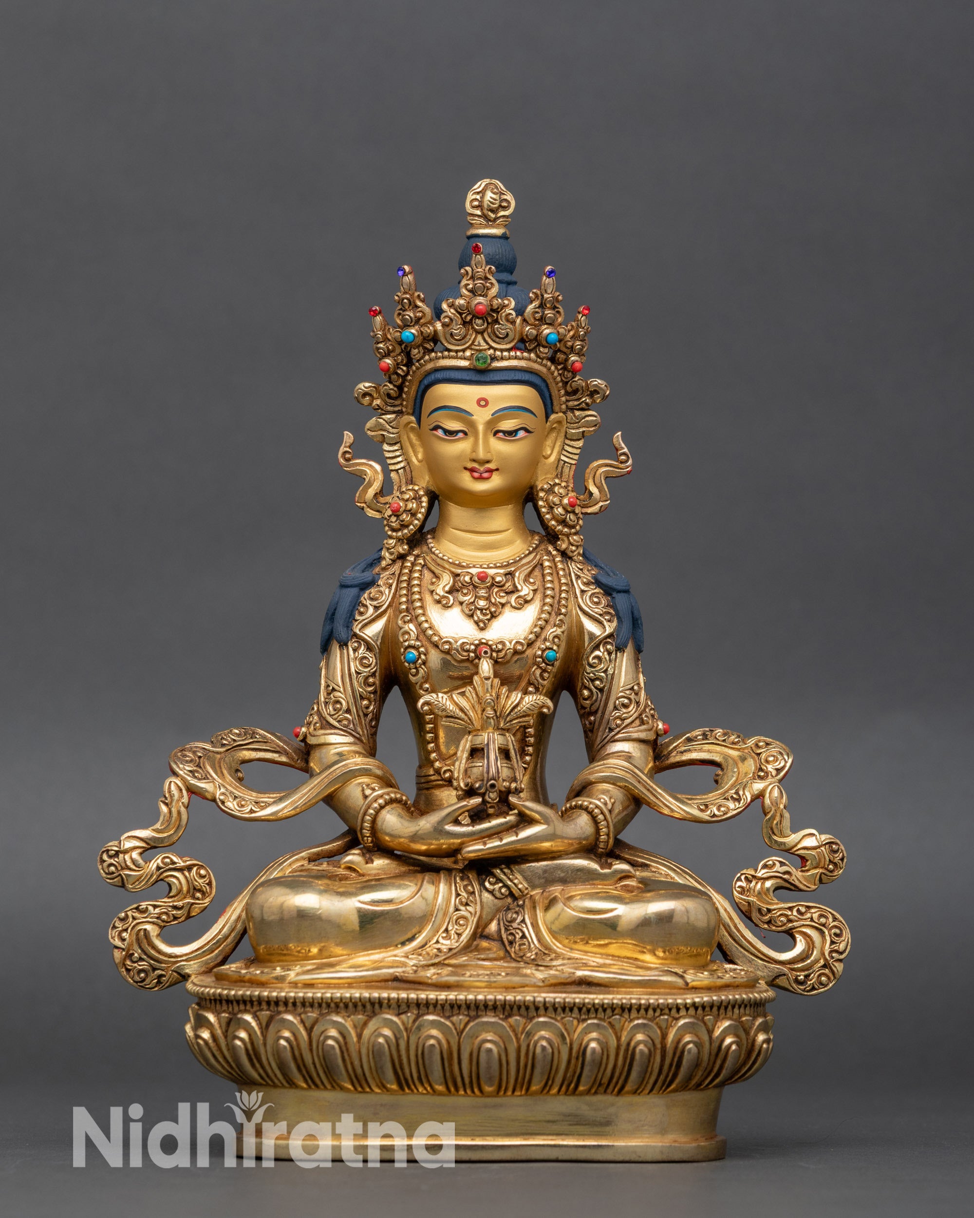 Amitayus Statue front view, gold-painted face, Tibetan Buddhist figurine