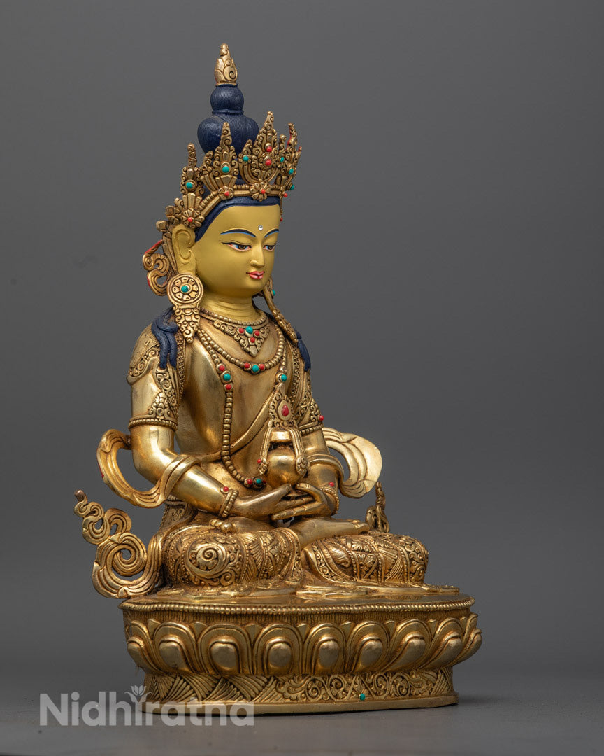 Amitayus Statue seated on a lotus throne, holding a long-life vase (kalasha) in dhyana mudra