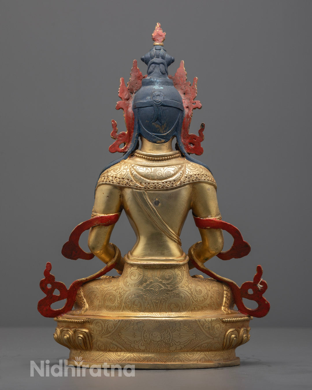 Amitayus statue on lotus base with consecration chamber and semi-precious adornments