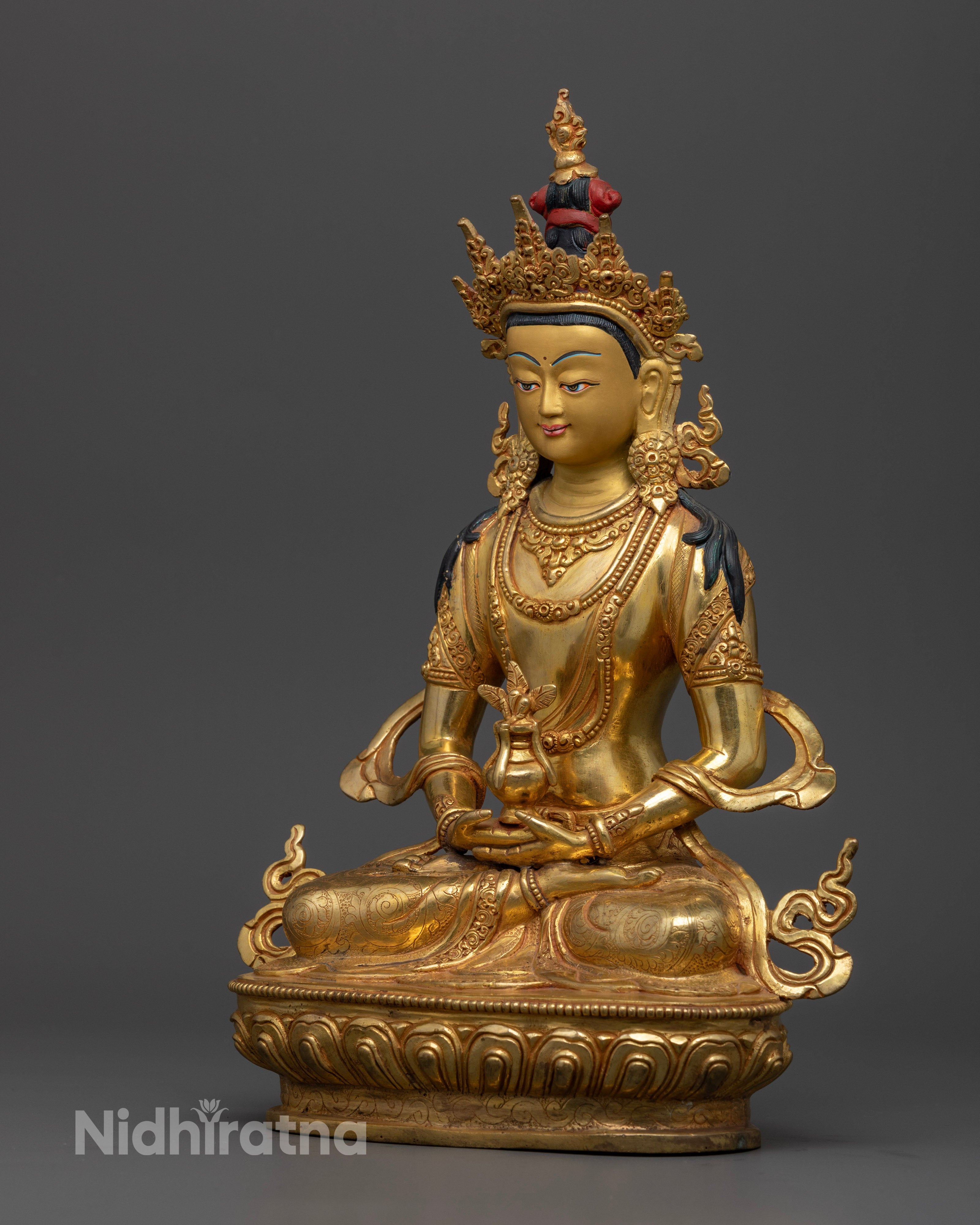 Amitayus statue for spiritual space | Sacred Amitayus Buddha figurine | Gold-plated Amitayus statue