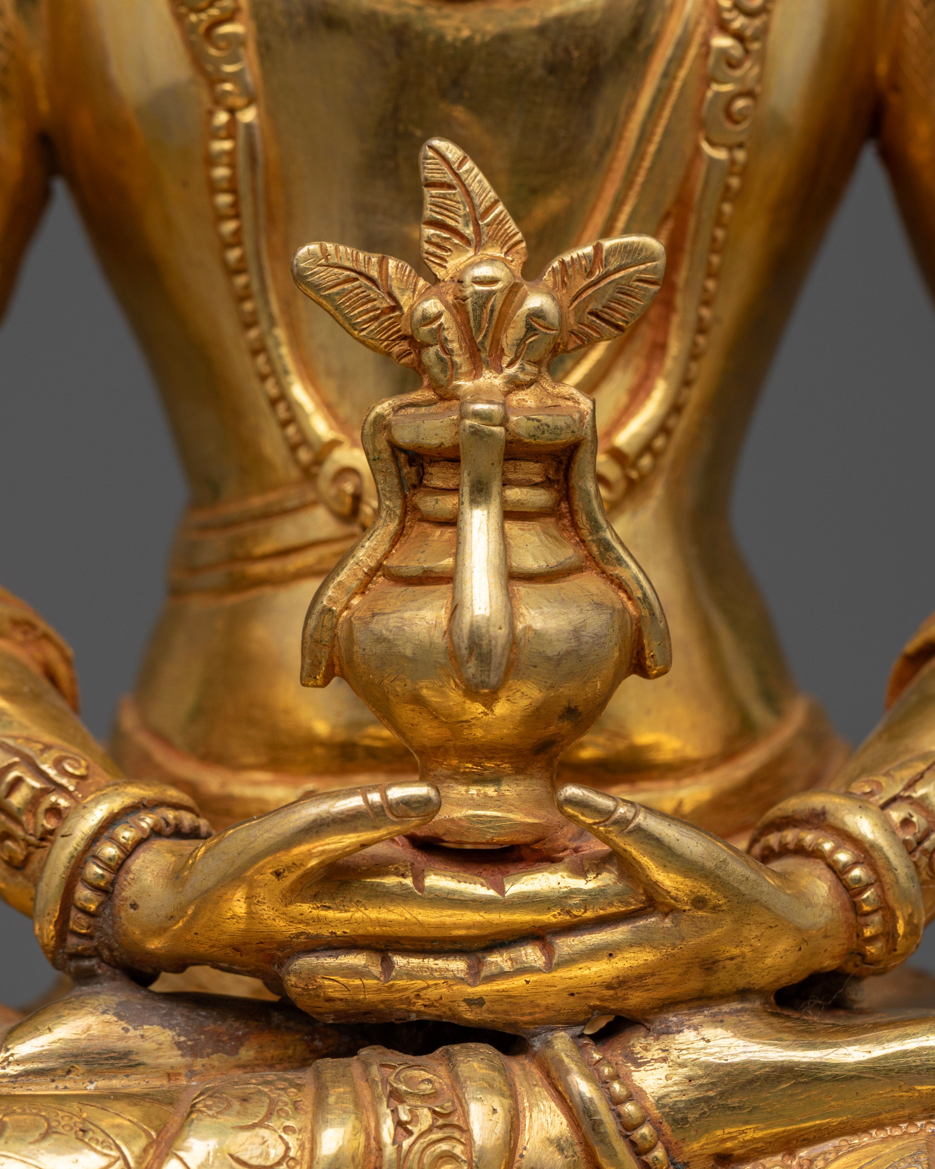 Goldplated Amitayus carrying vase in hand | Gold-plated Amitayus statue | Amitayus statue for longevity
