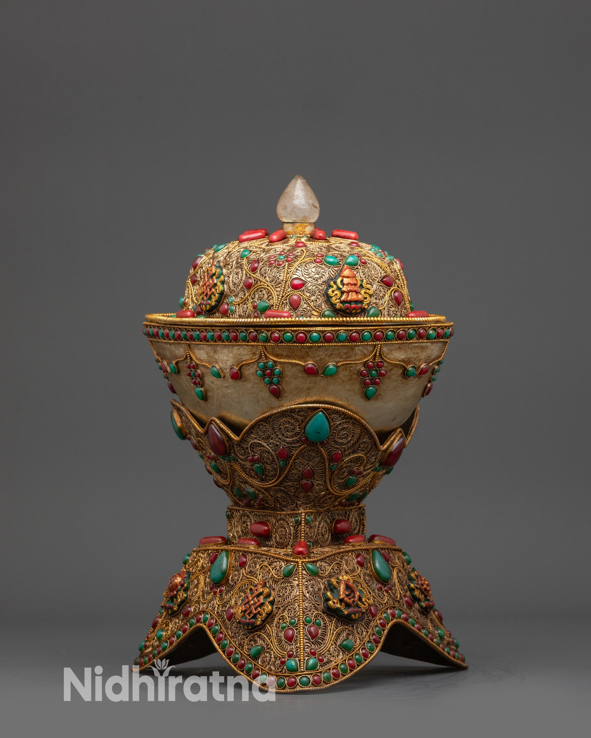 Auspicious Kapala Skull Cup with Crystal Lid and Gold Astamangala Symbol