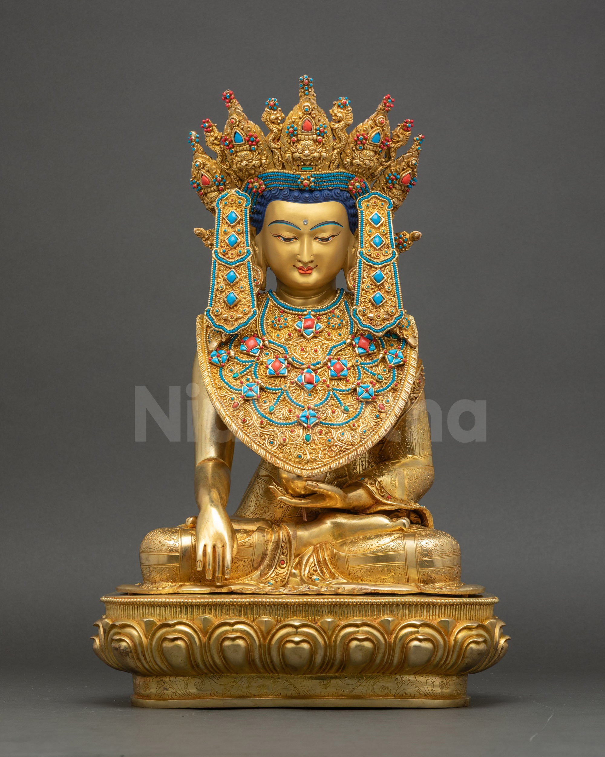 Handcrafted Jowo Buddha Statue, gold-gilded copper, front view, perfect for altar or meditation dΓ©cor.