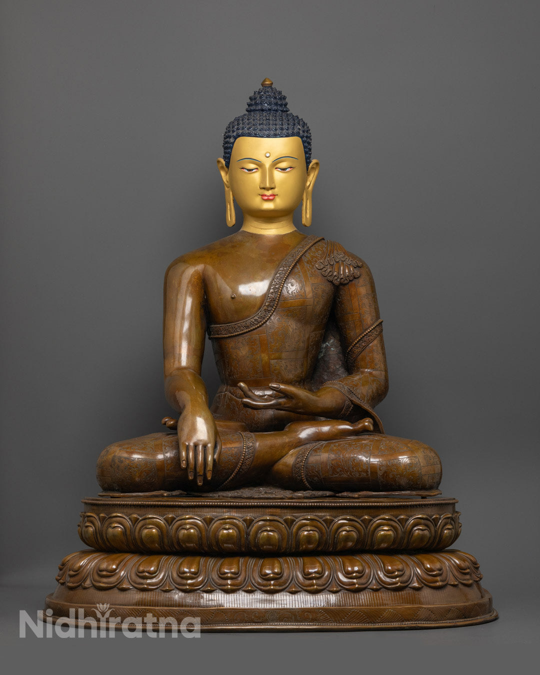 Authentic Oxidized Copper Shakyamuni Buddha Statue with Gold-Gilded Face and Patra Bowl