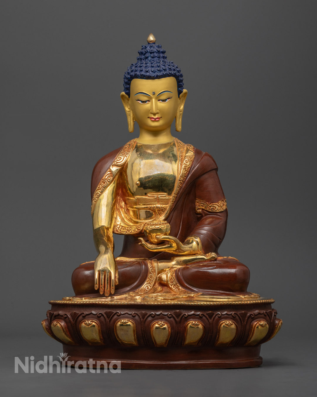 Authentic Shakyamuni Buddha statue crafted using traditional lost wax casting with intricate uttarāsaṅga robe details