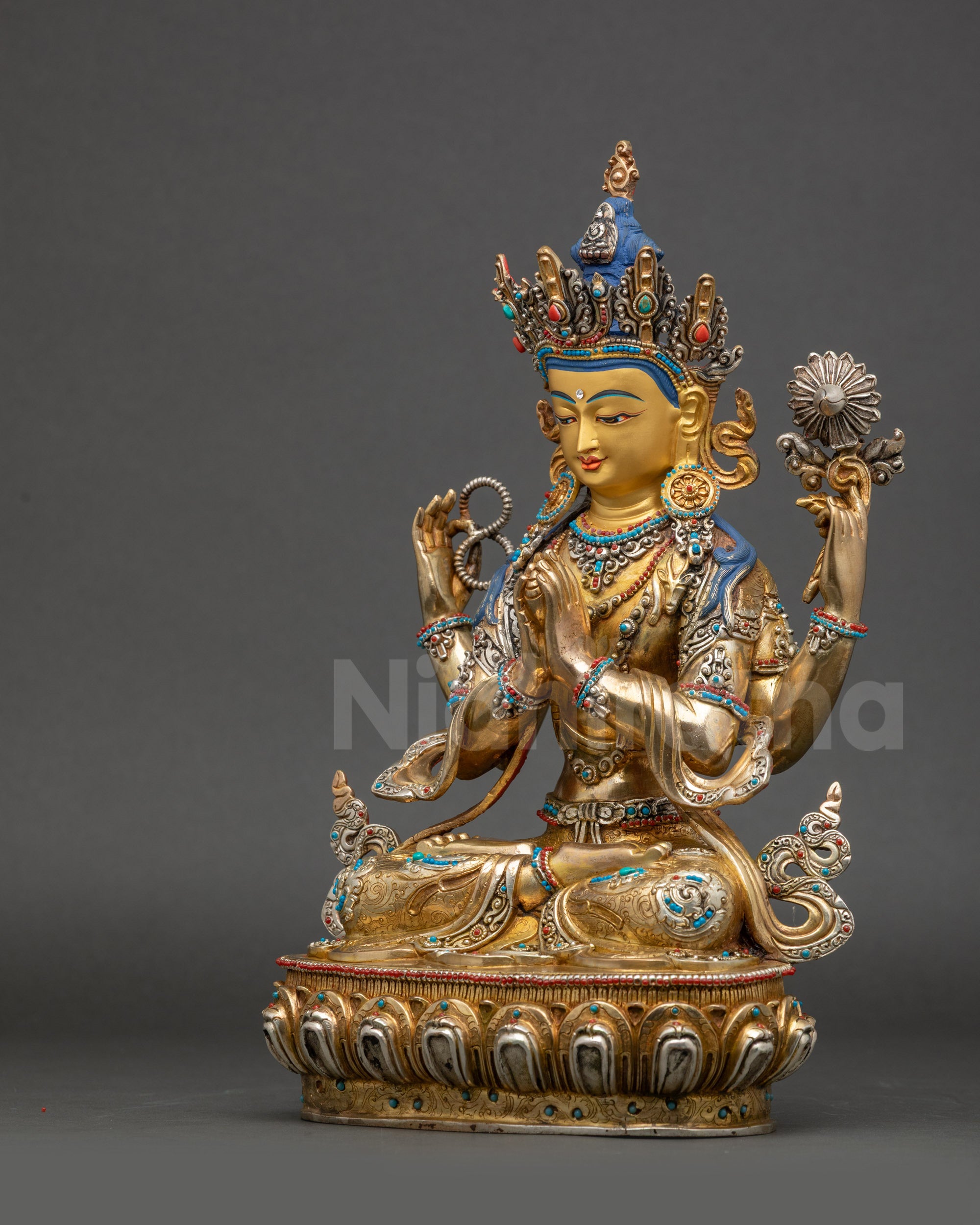 Avalokiteshvara Statue left side view with lotus and blessing gesture