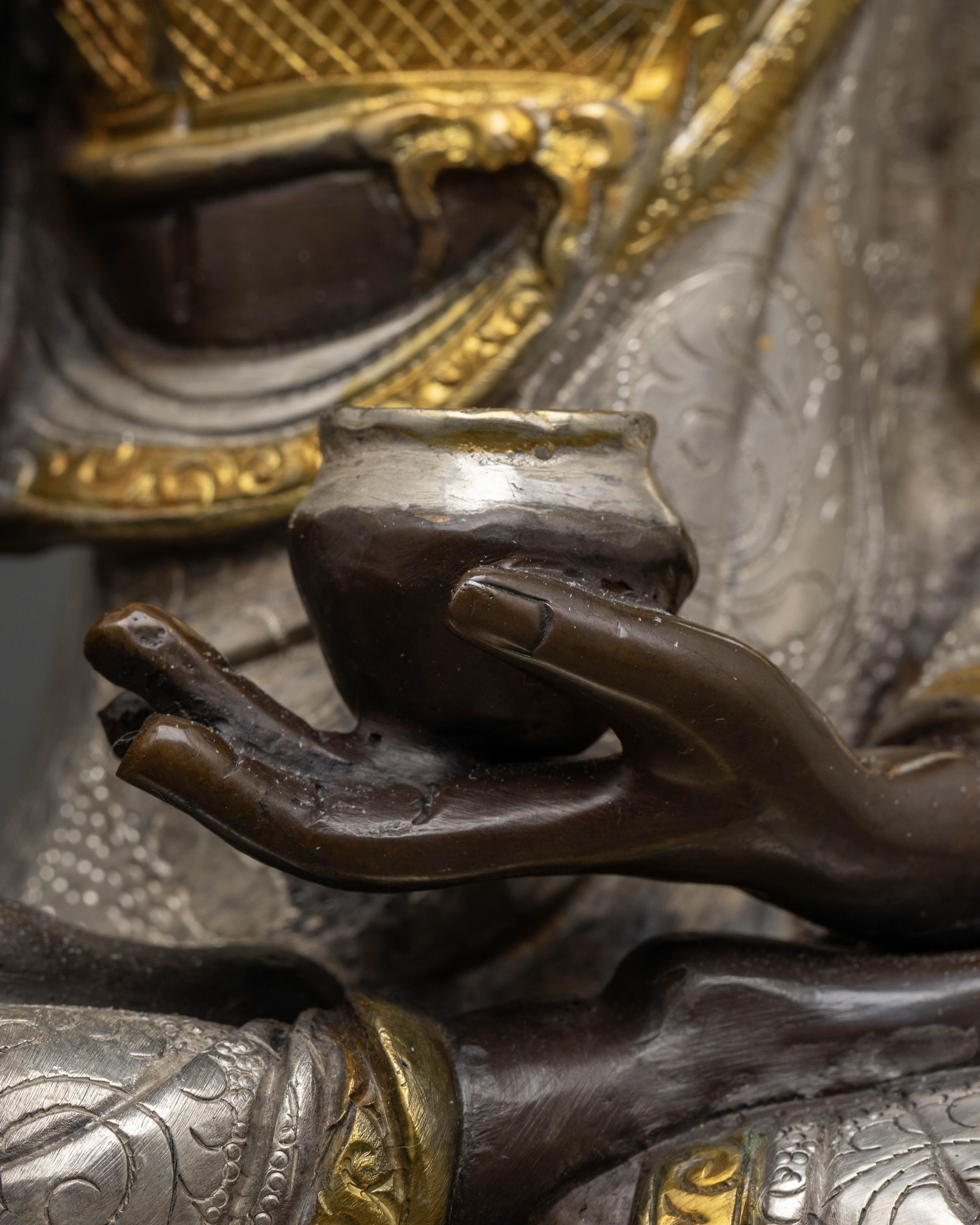 Nepalese 13.5 Inch Shakyamuni Buddha Statue: Oxidized Copper with Silver Plated