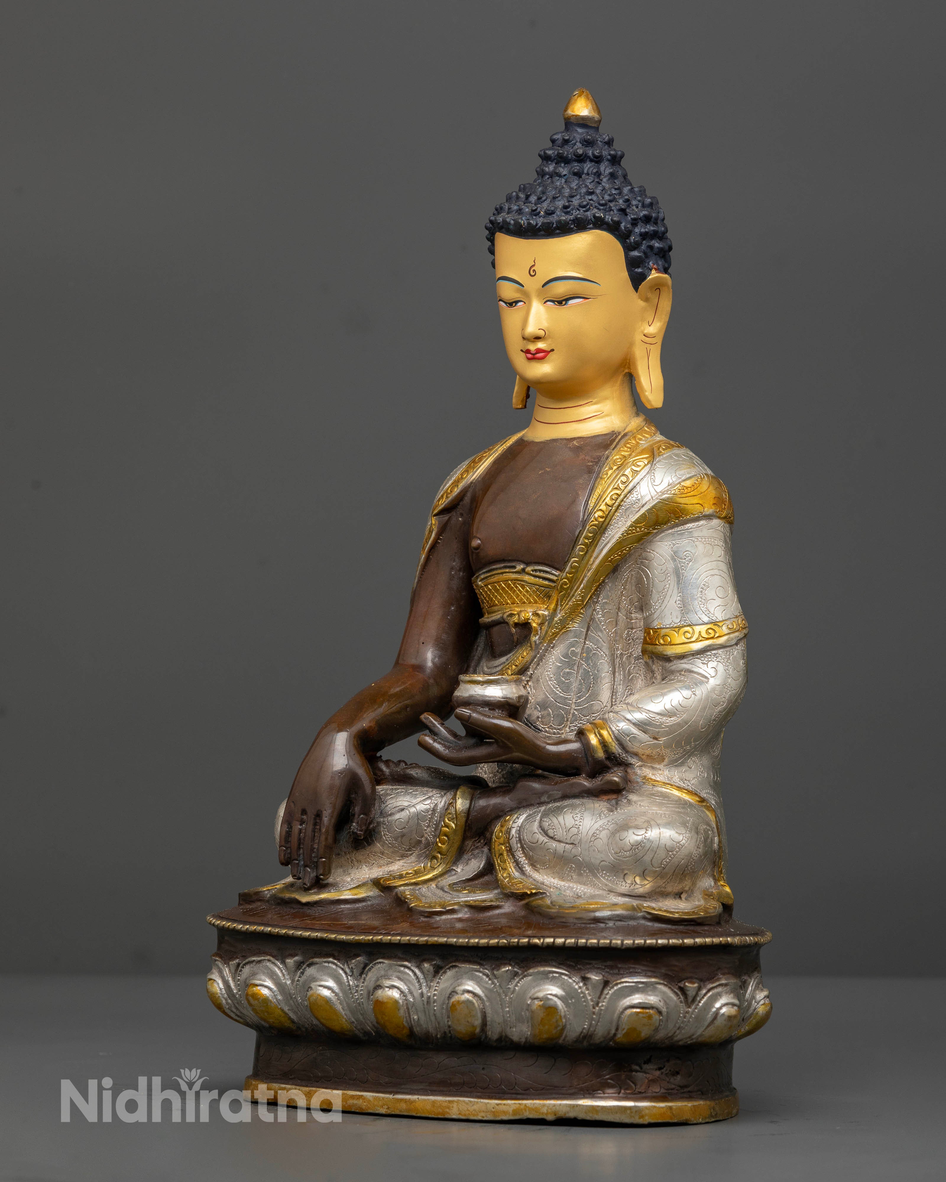 Nepalese 13.5 Inch Shakyamuni Buddha Statue: Oxidized Copper with Silver Plated