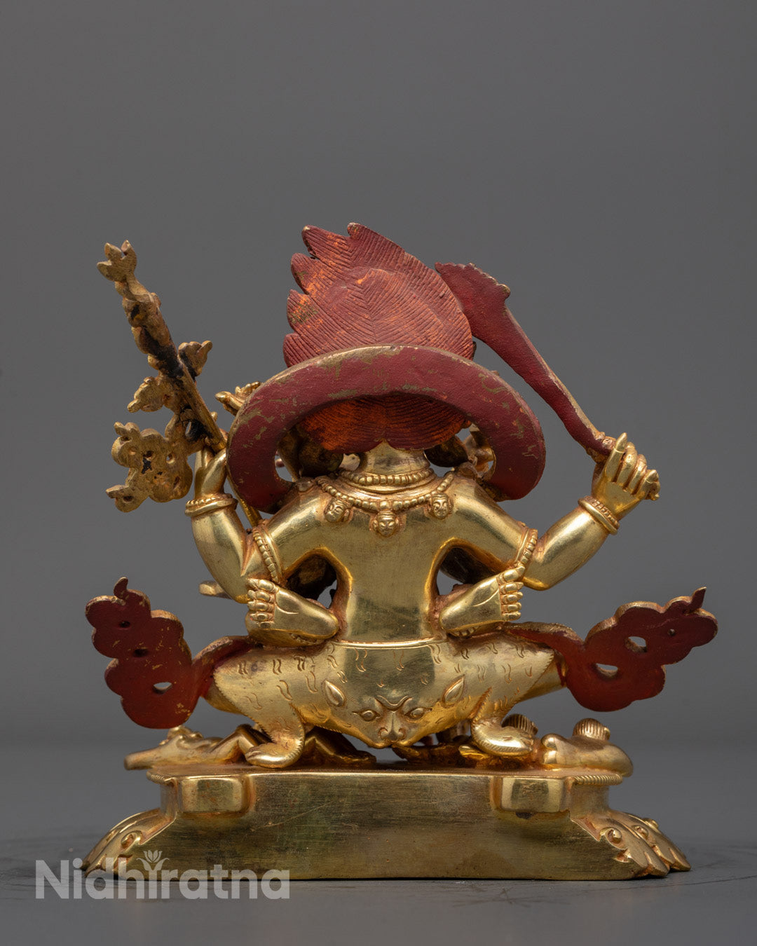 Back-side of 4 Armed Mahakala on Lotus Base with Consort | Tibetan protector deity statue