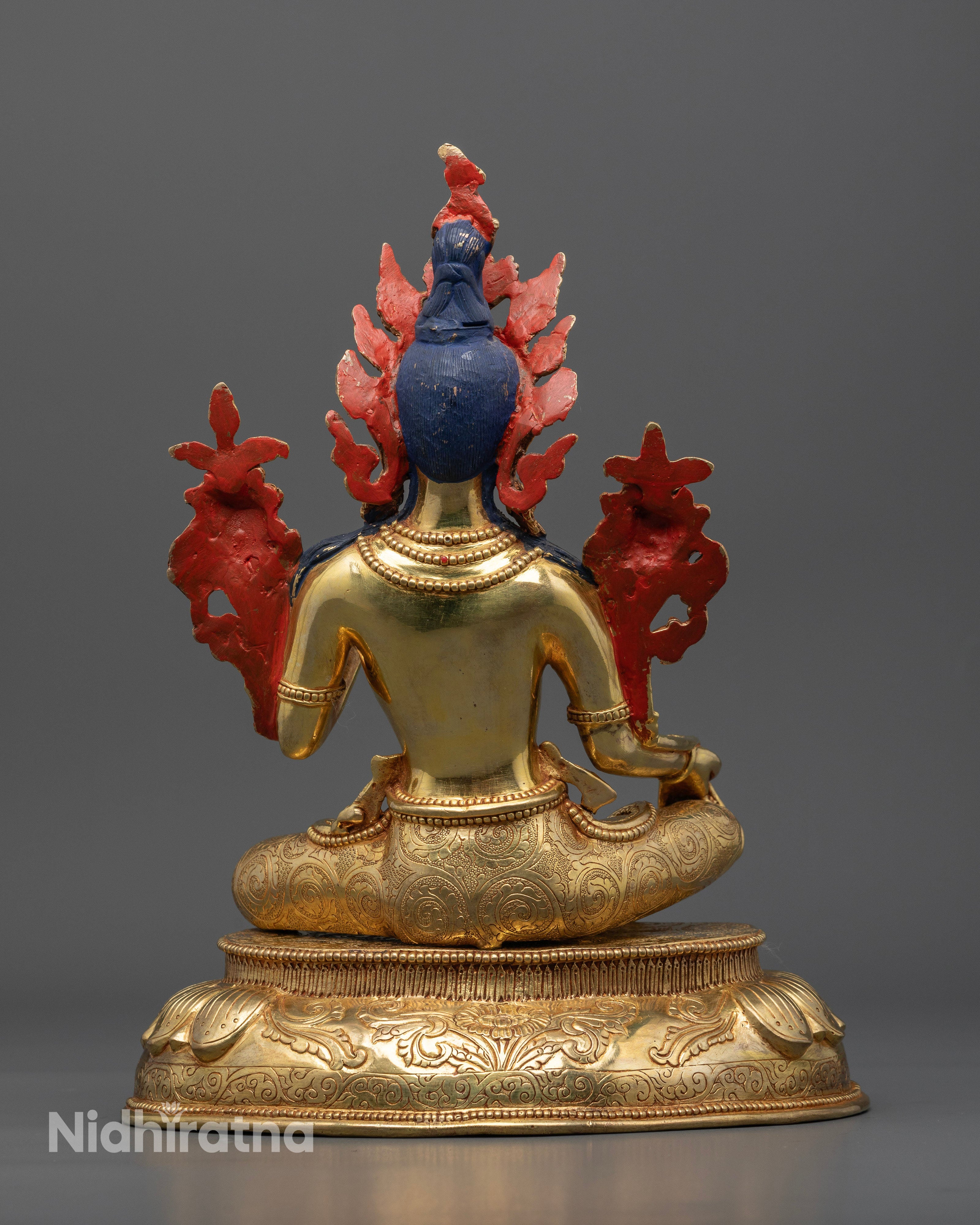 Back view Green Tara sculpture engraved robes double lotus pedestal handcrafted Nepalese