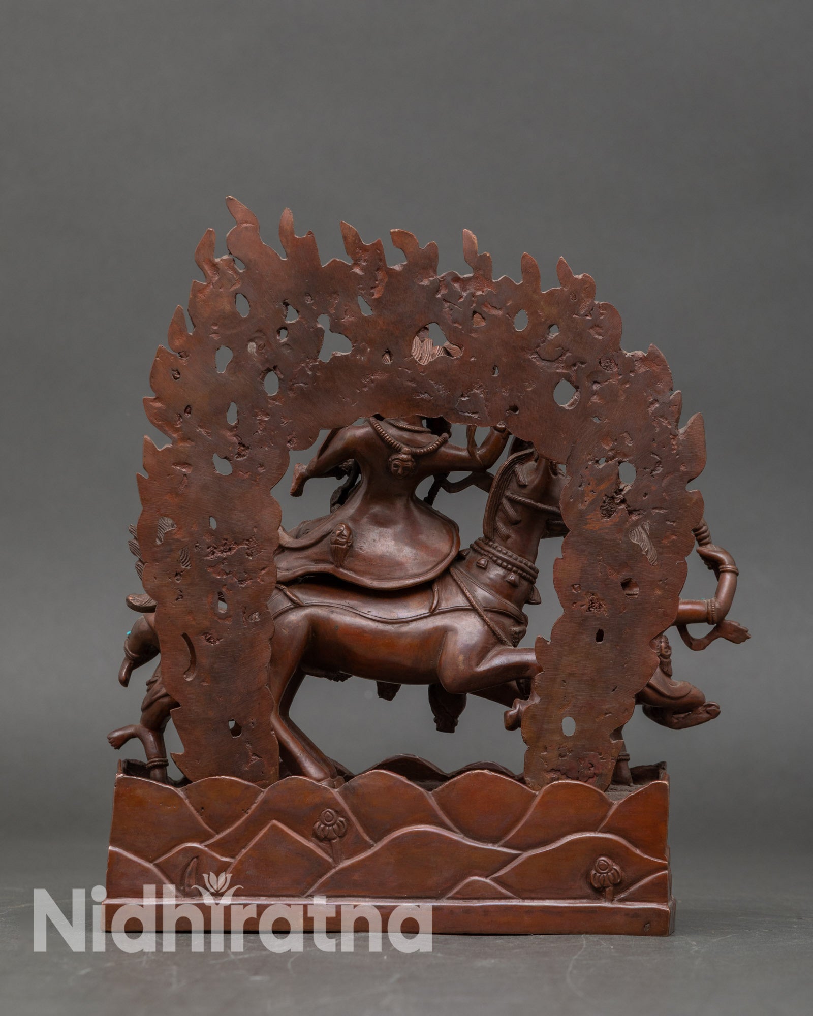 Back view of Palden Lhamo sculpture, a copper Himalayan deity statue handcrafted in Nepal