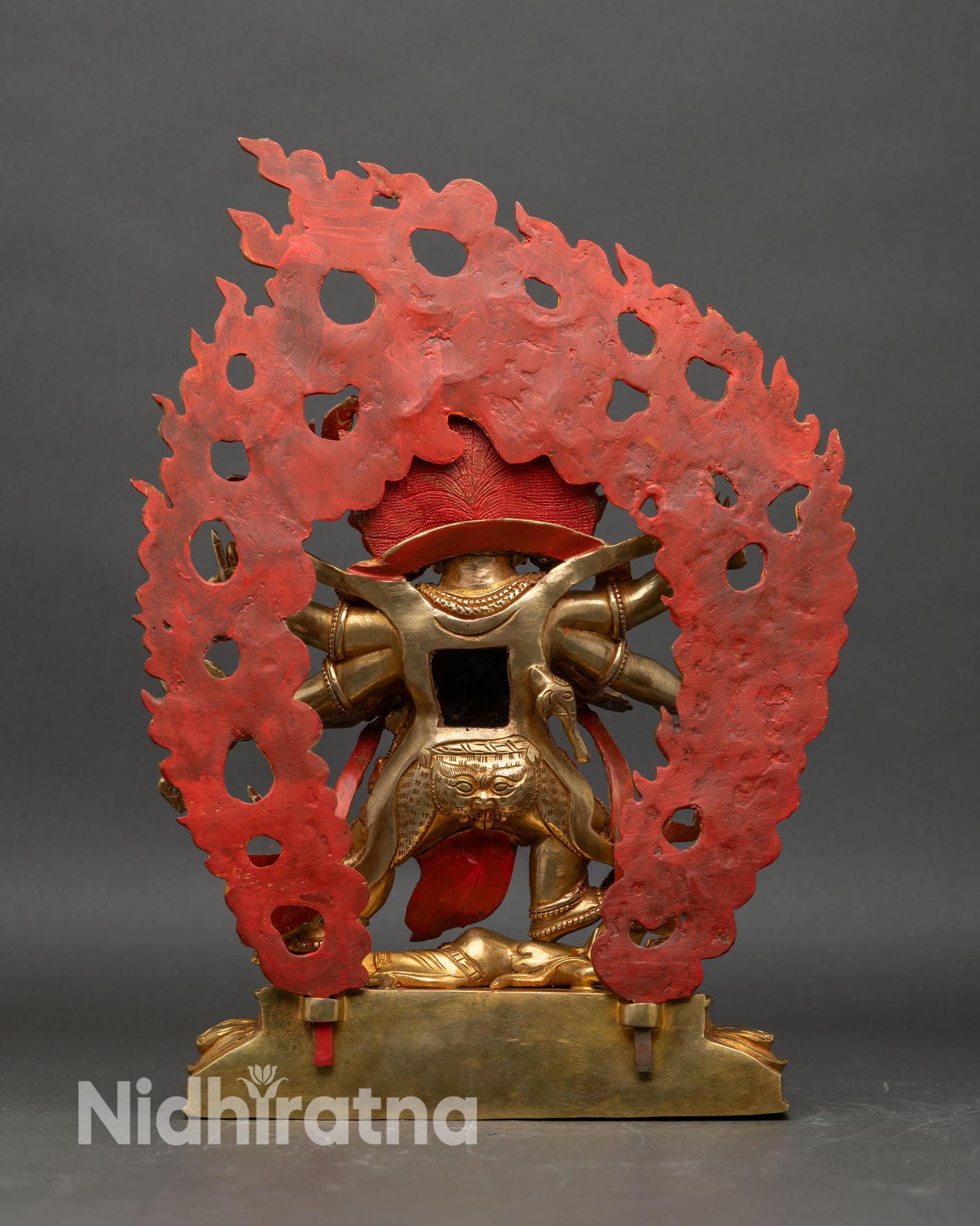 Back view of Six Armed Mahakala statue hand painted flame halo lotus pedestal Buddhist art