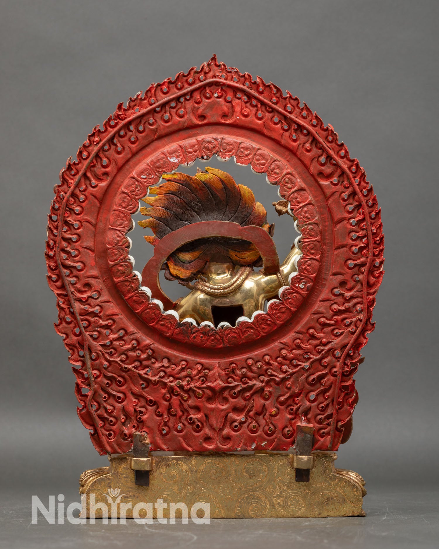 Back view of Vajrapani statue hand-painted halo skull motifs Vajra designs Himalayan sculpture