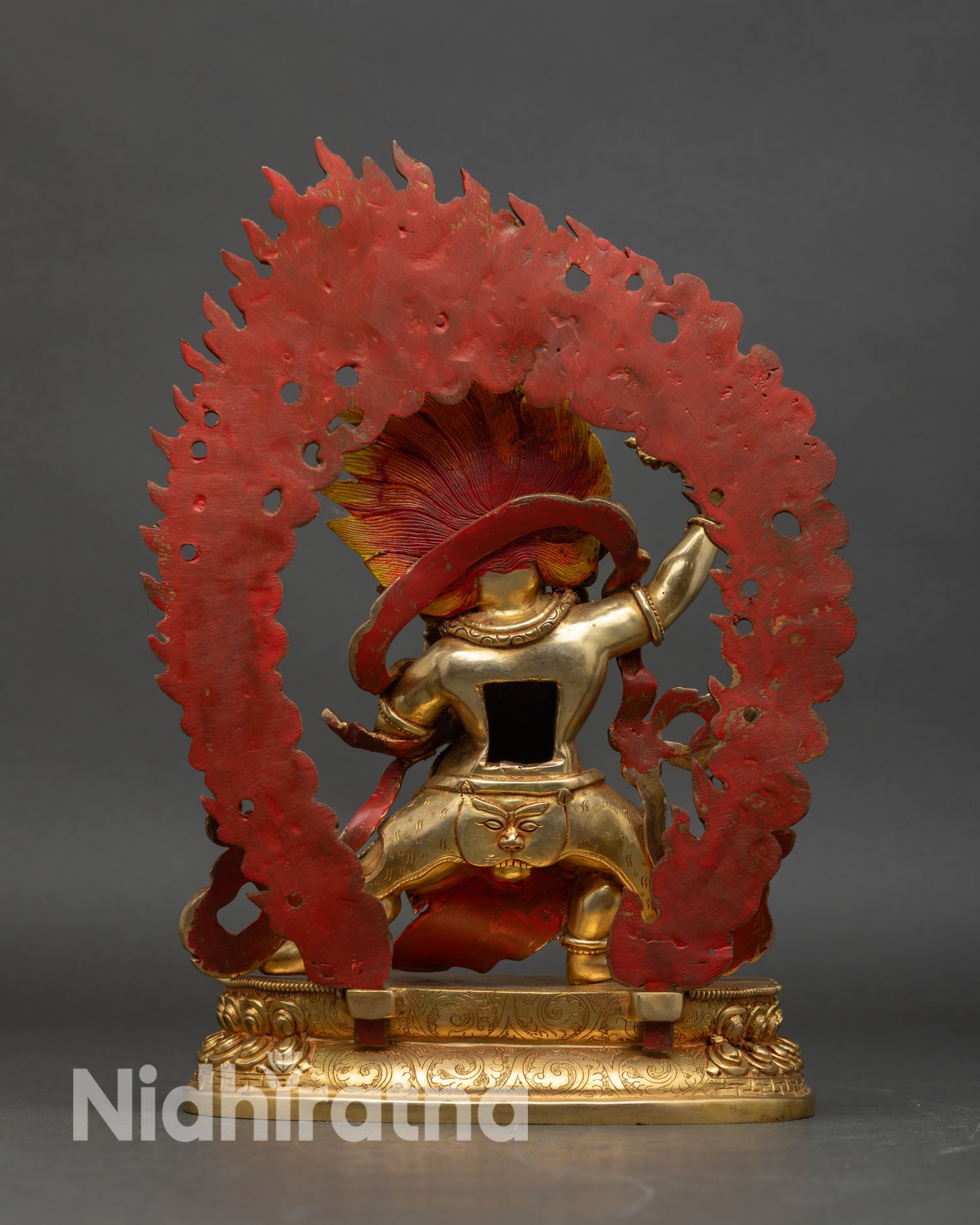 Back-view-of-Vajrapani-Statue-intricate-carvings-gold-gilded-copper-Himalayan-artwork