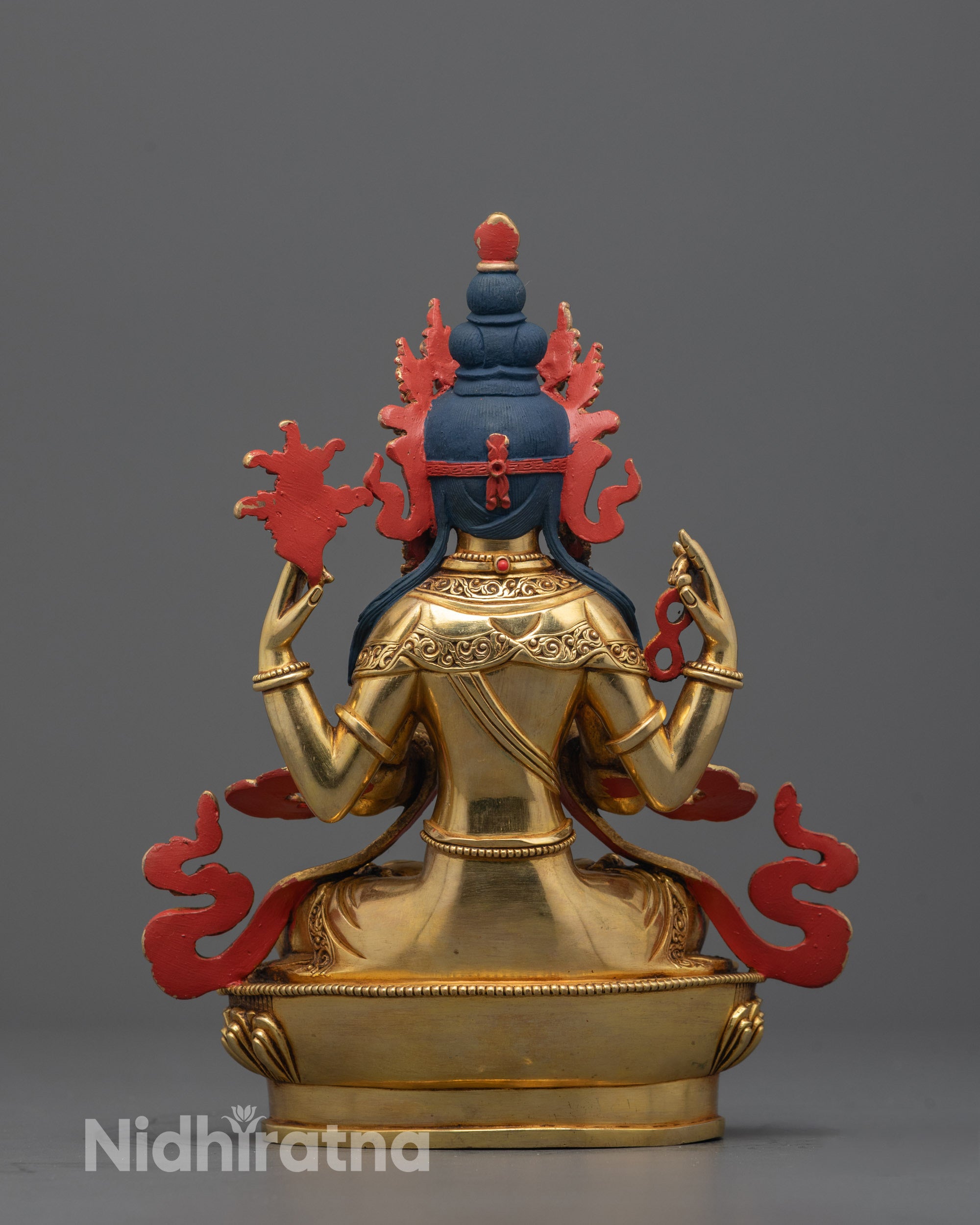 Back-view of Chenrezig Statue Seated on Lotus Base with Traditional Himalayan Design