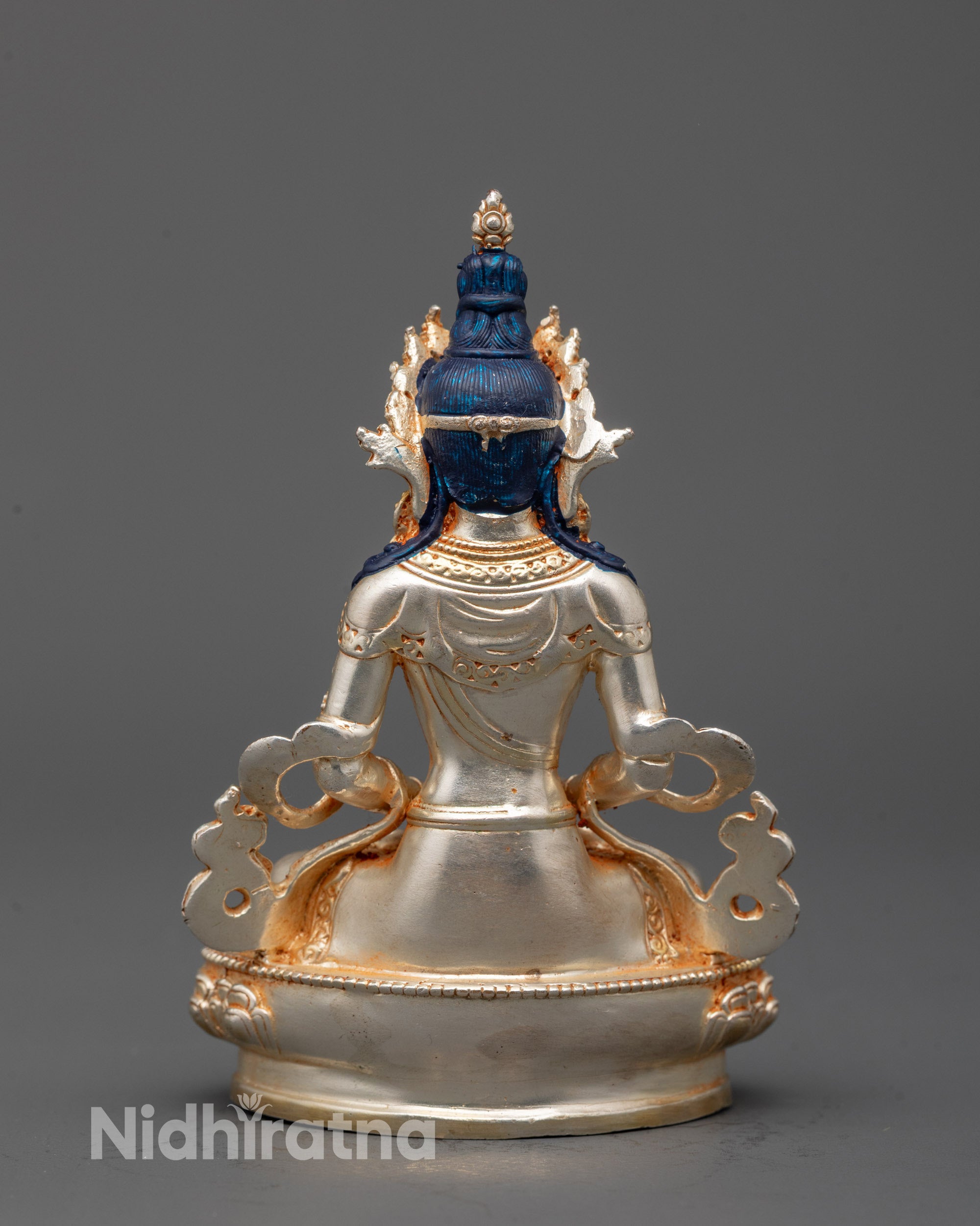 Back-view of Machine-made Amitayus sculpture from Nepal featuring lotus base
