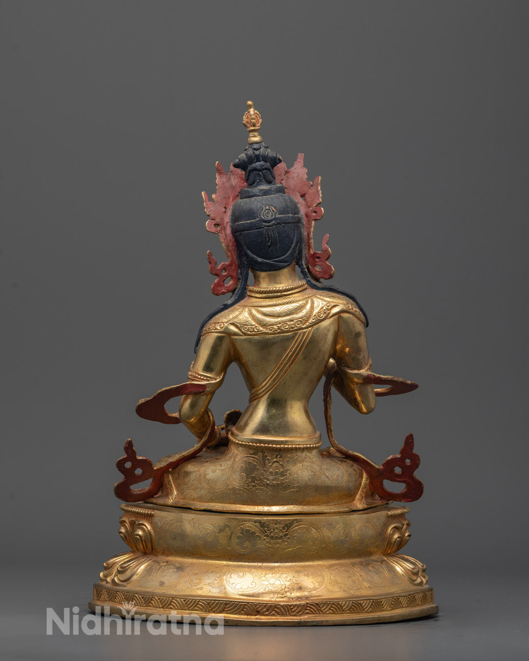 Back-view of Traditional Nepalese Dorje Sempa Statue with radiant 24k gold gilding