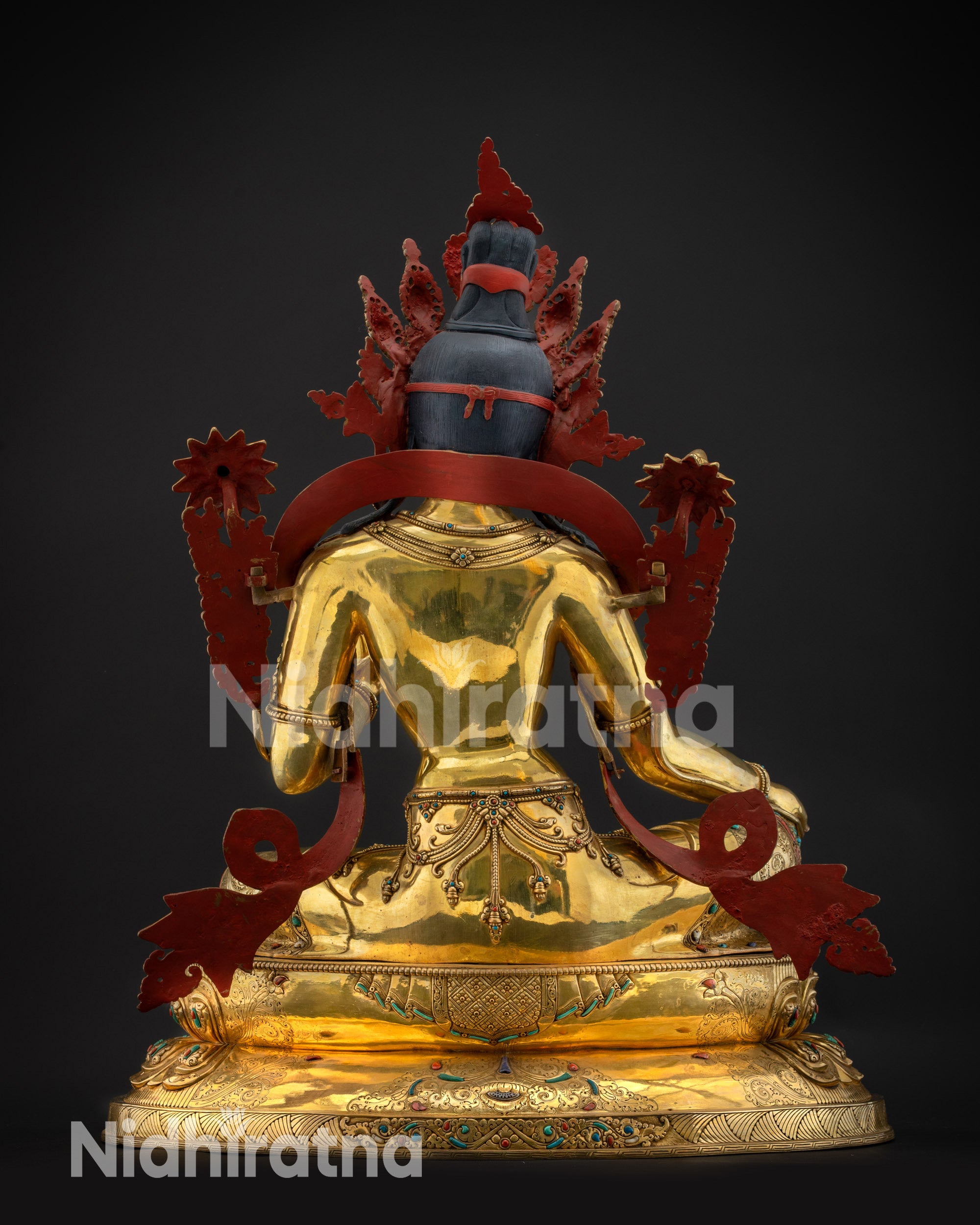 Back Green Tara Statue rear view hand-carved robe patterns on lotus pedestal