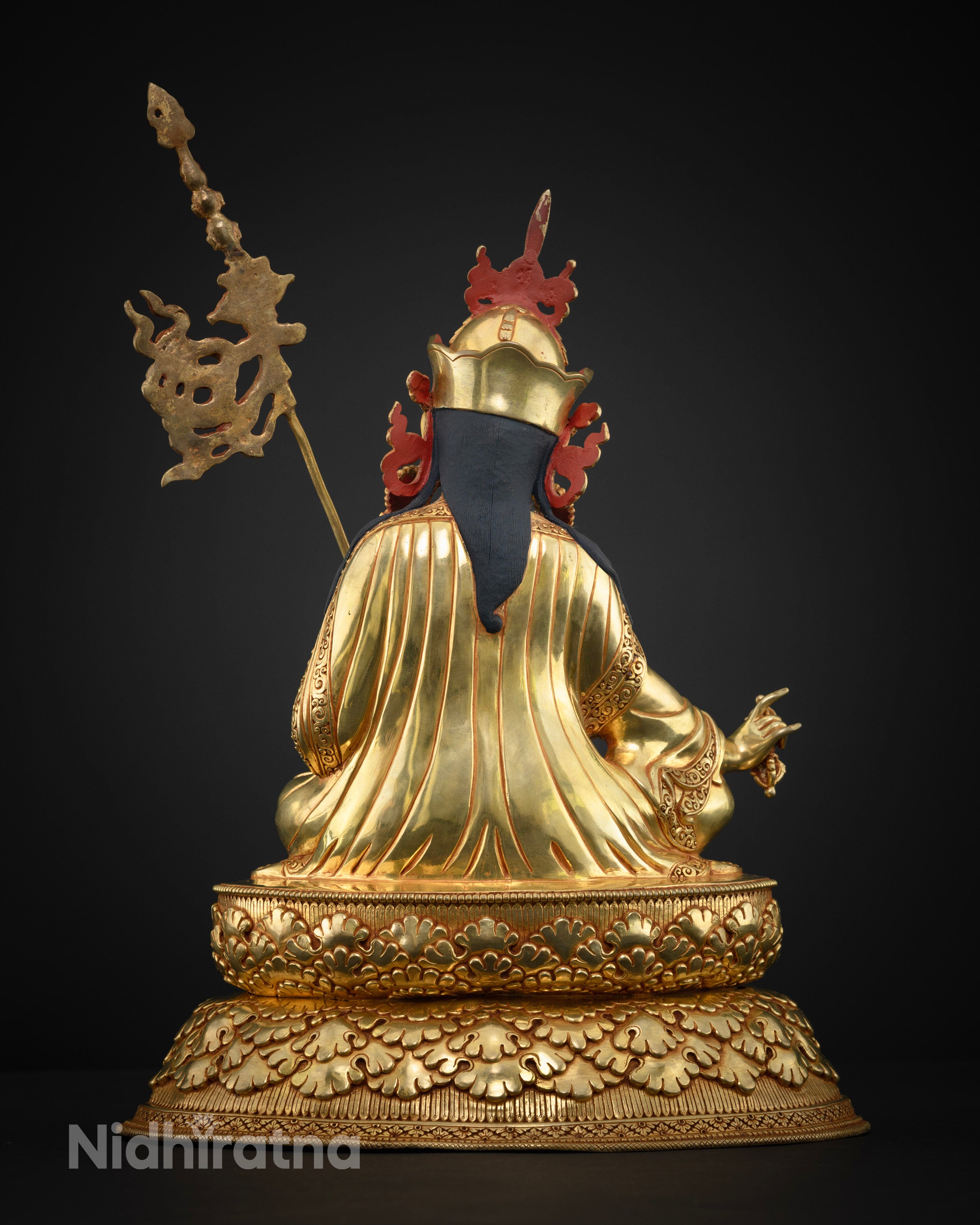 Back View of Tibetan Padmasambhava statue seated on double lotus base, handcrafted in Patan, Nepal