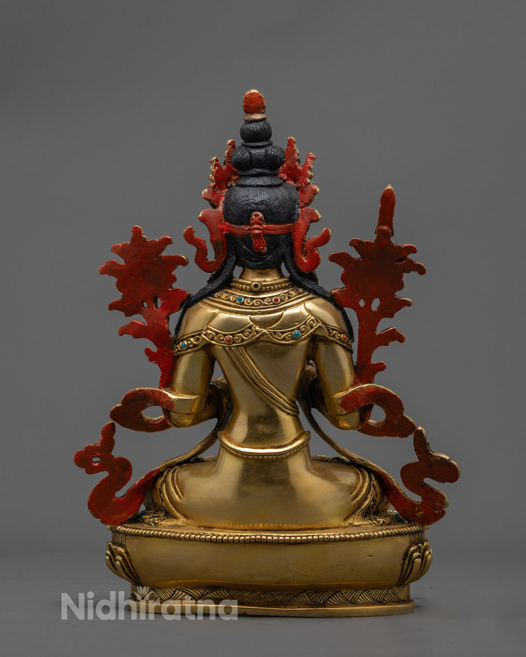 Traditional Nepalese Manjushri Sculpture Showing Semi-Precious Stone Inlays and Hollow Mantra Chamber