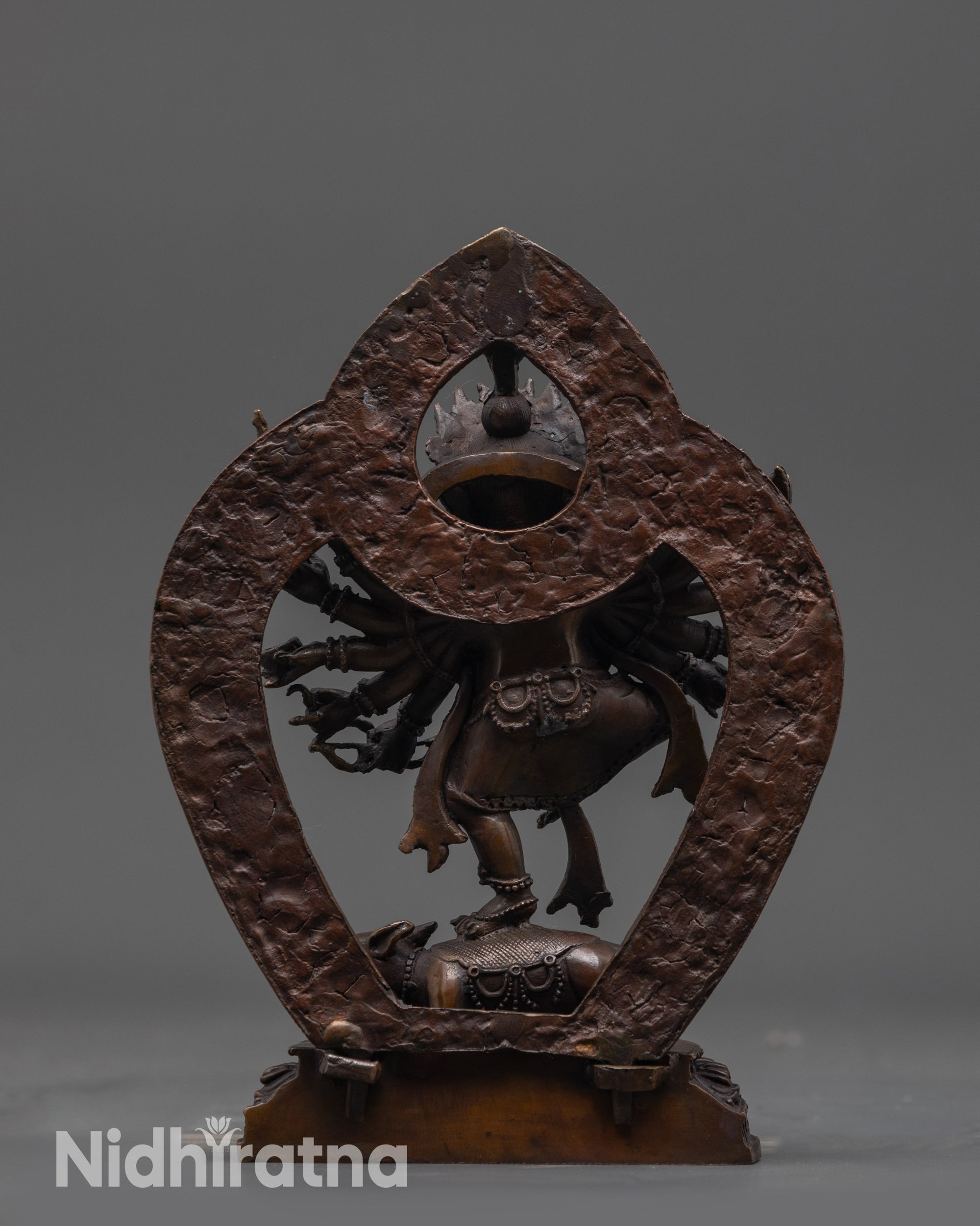 Back view 12 Armed Ganesha Statue showcasing oxidized base and intricate lotus seat details