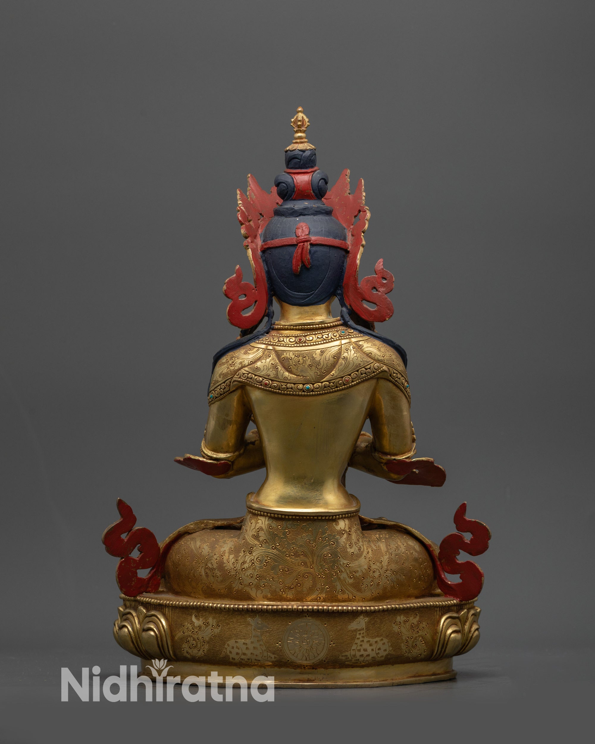 Back view 24K Gold-Gilded Vajradhara Statue with patterned lotus seat jewelry