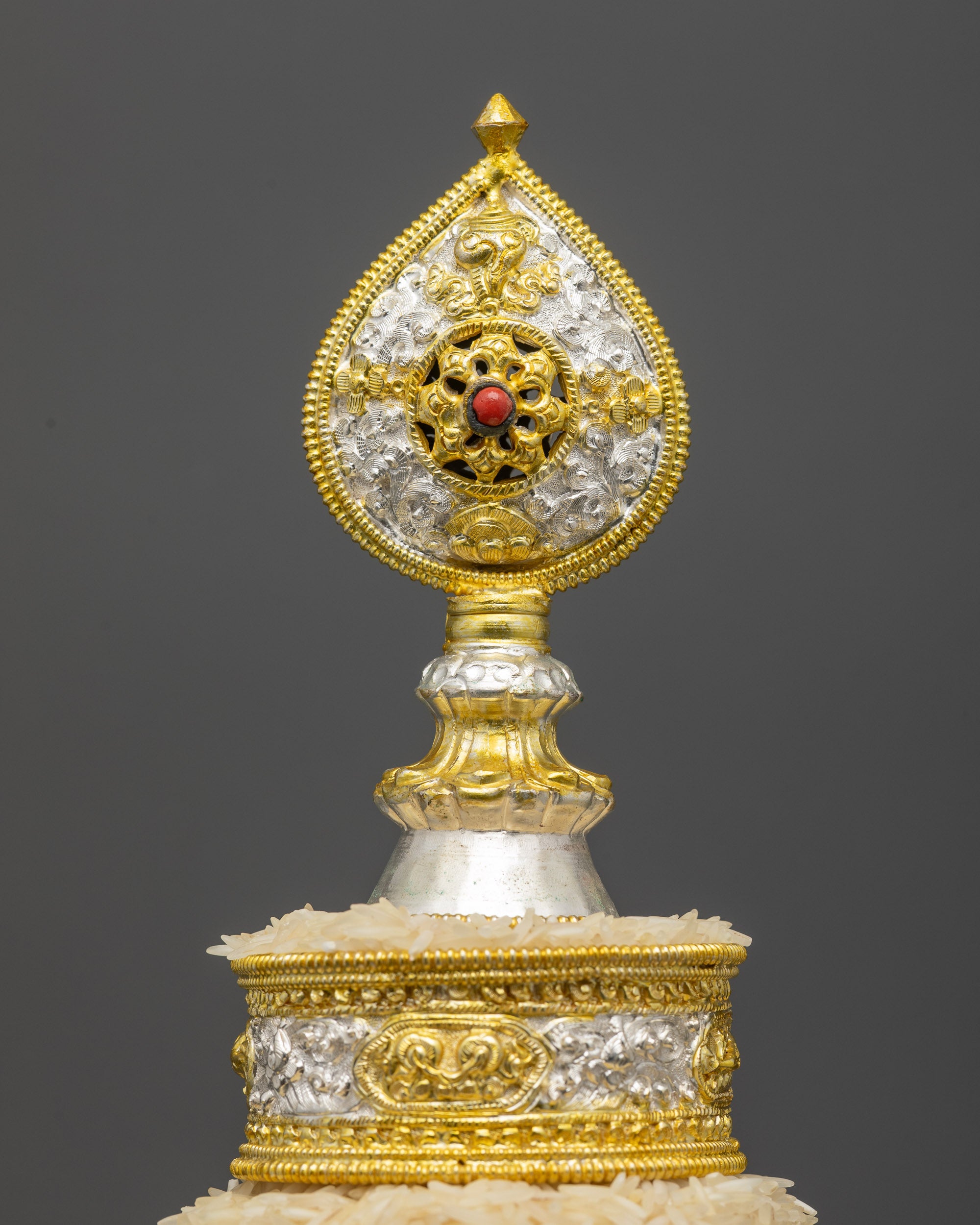 Back view 5" Mandala set with wisdom wheel crown on copper altar offering