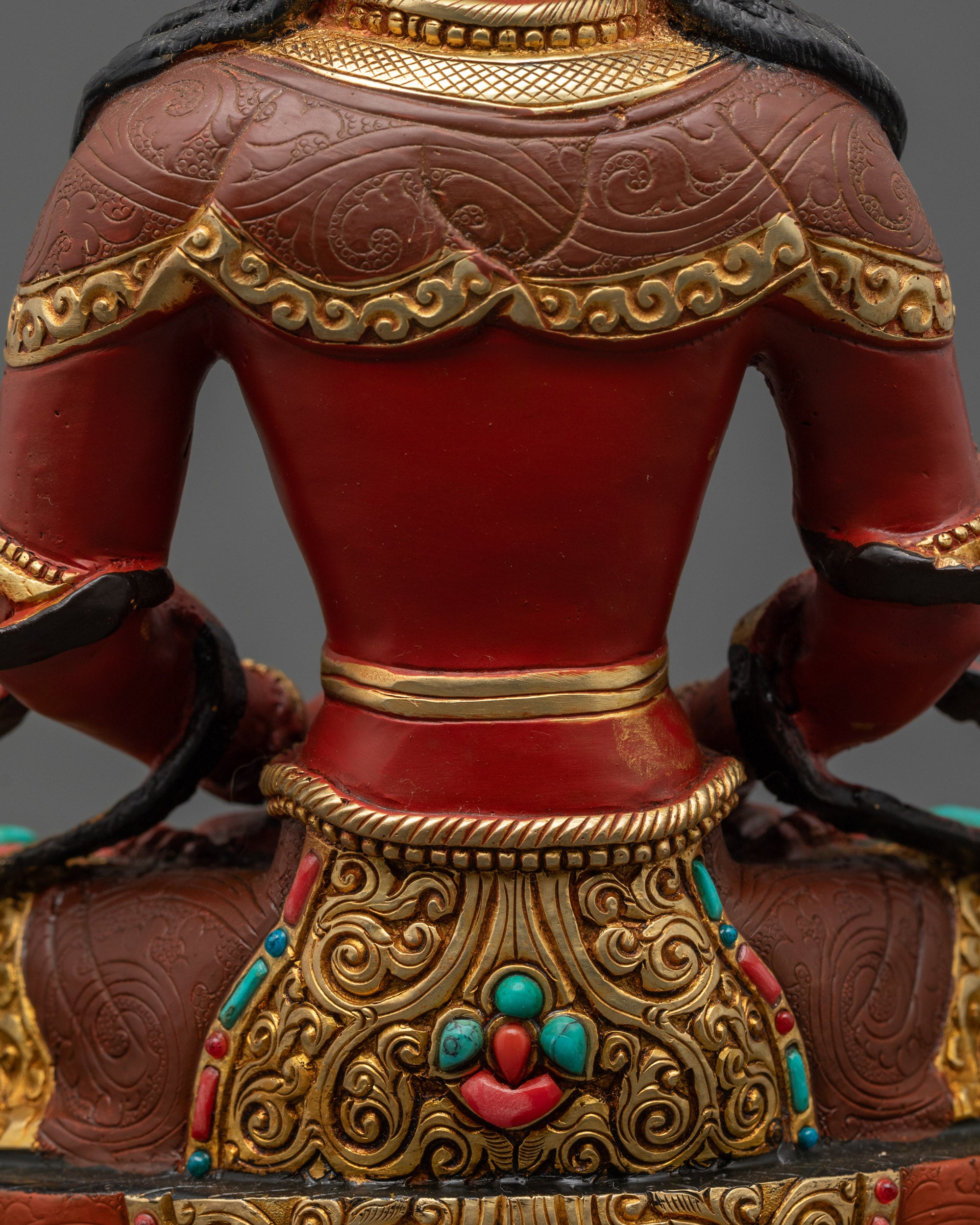 Back view Amitayus Buddha Statue with detailed robe and gemstone embellishments