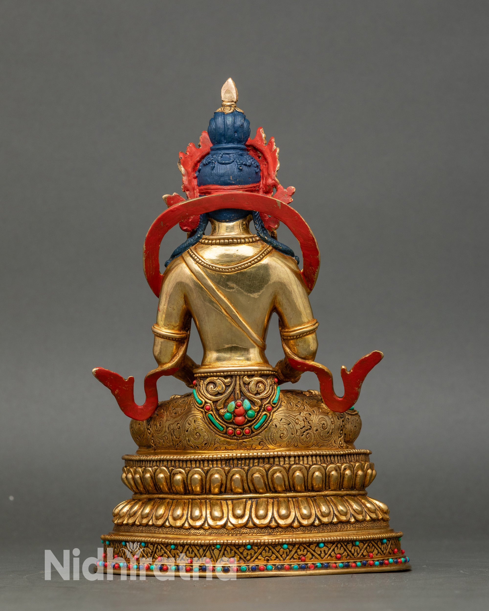 Back view Amitayus Buddha statue, gold body, double lotus pedestal, handcrafted Newari art