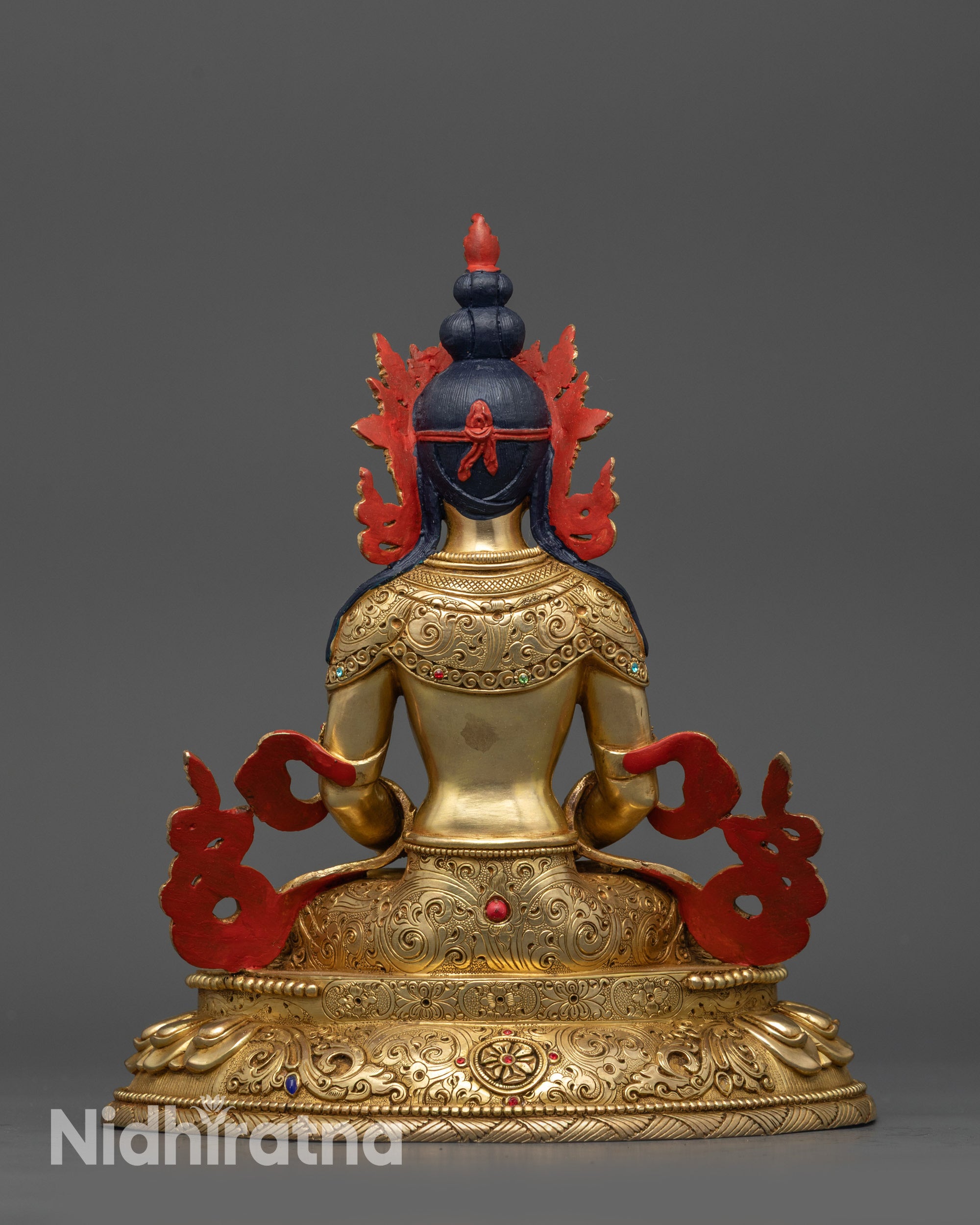 Back view Amitayus Sculpture showing flowing robes and gold fire-gilded body