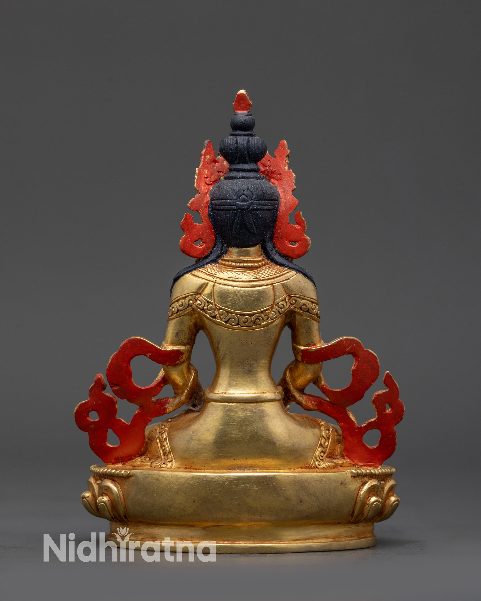 Back view Amitayus Statue with detailed robes and gold fire-gilded copper alloy