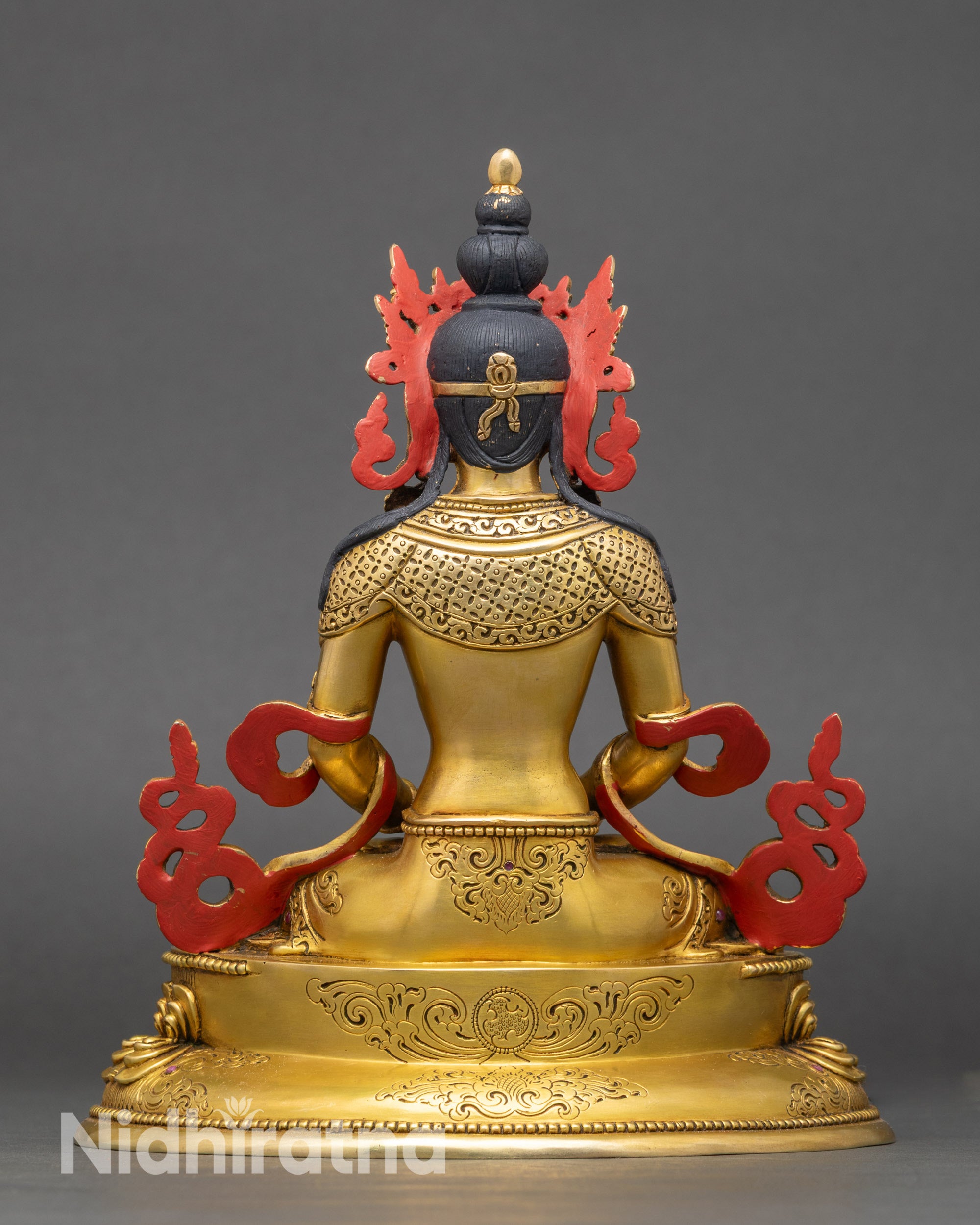 Back view Amitayus copper statue detailed carvings and ornate jewelry on double lotus base