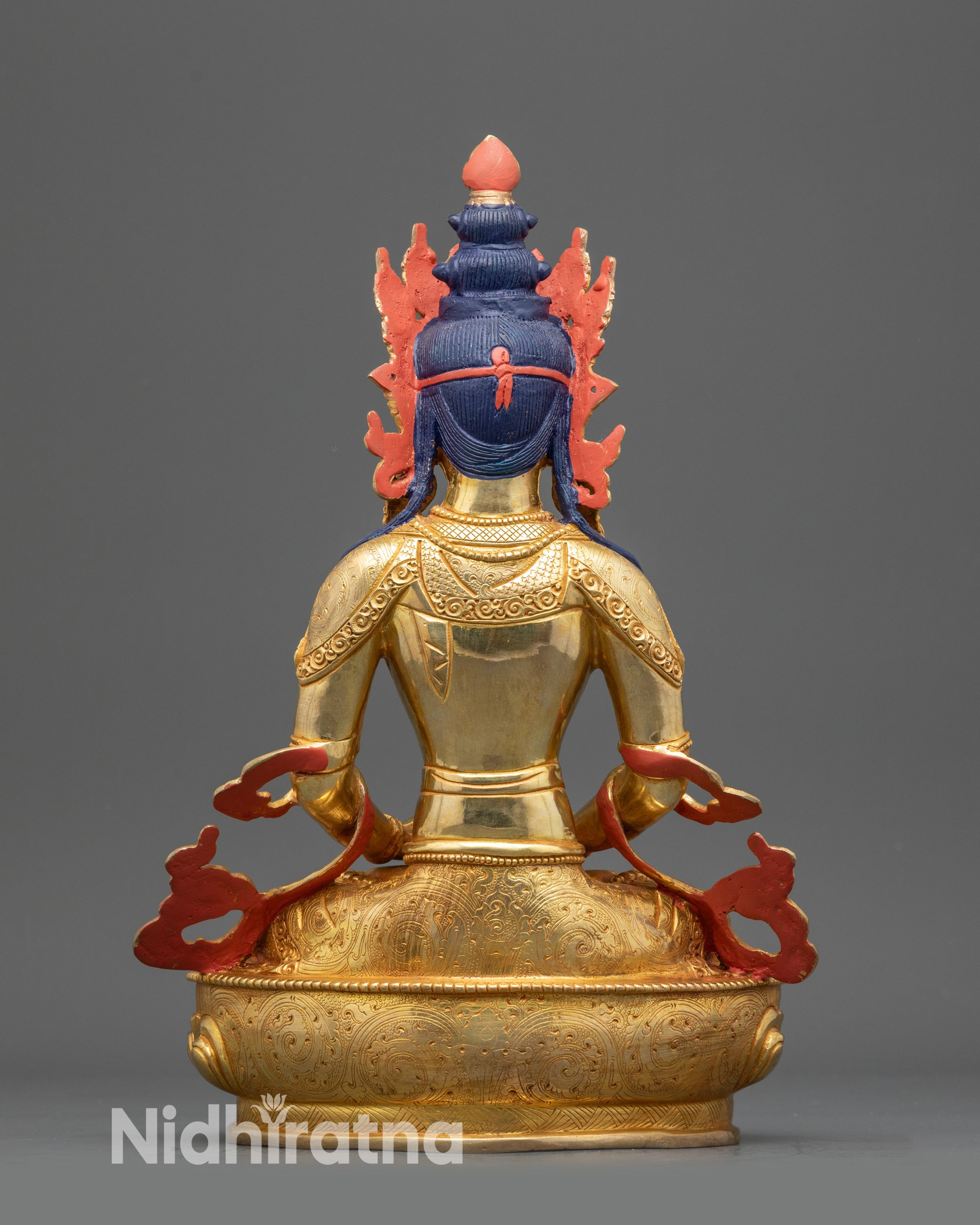 Back view Amitayus statue displaying detailed robe patterns and halo craftsmanship