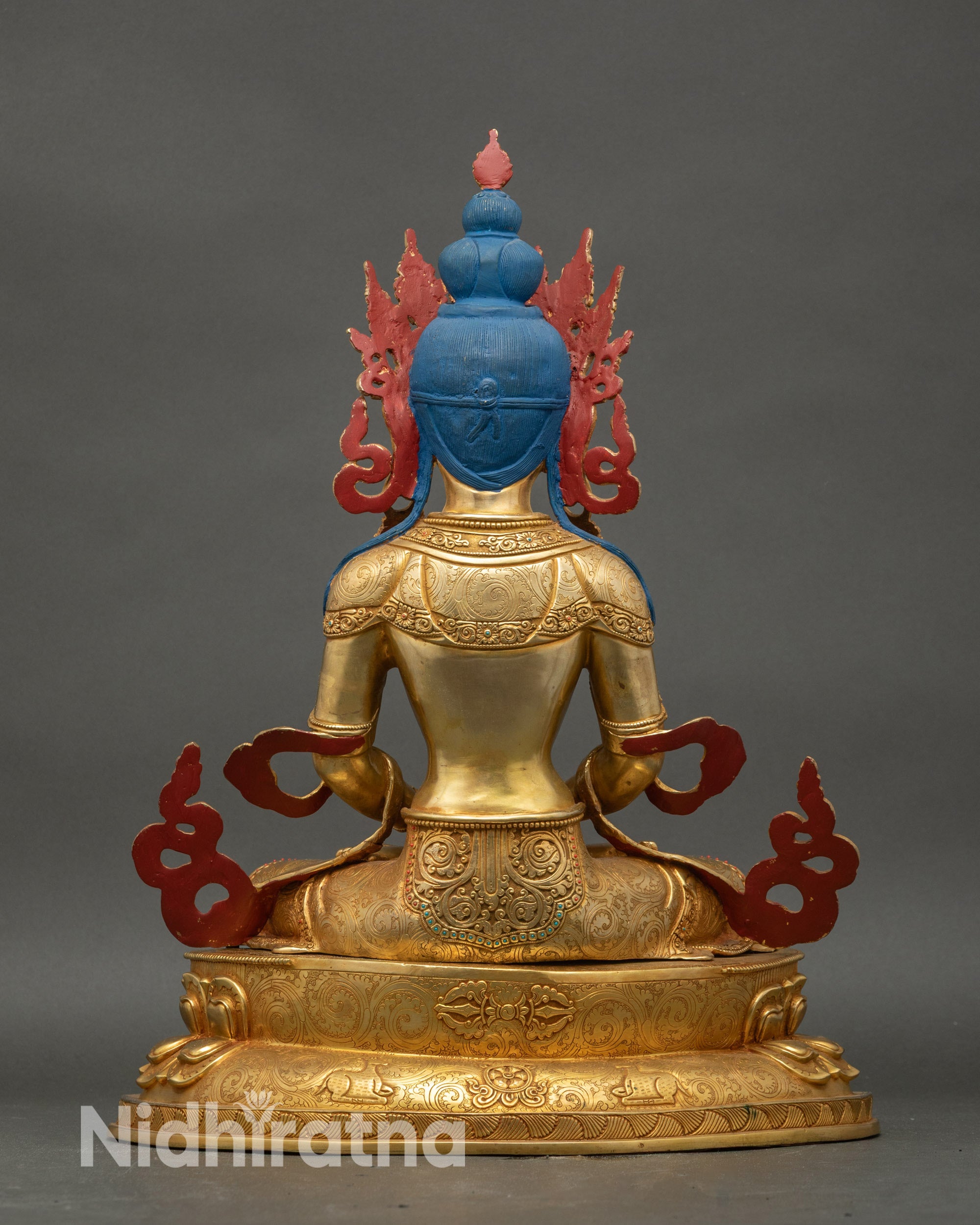 Back view Amitayus statue handcrafted by Newari artisan gold-gilded copper spiritual decor