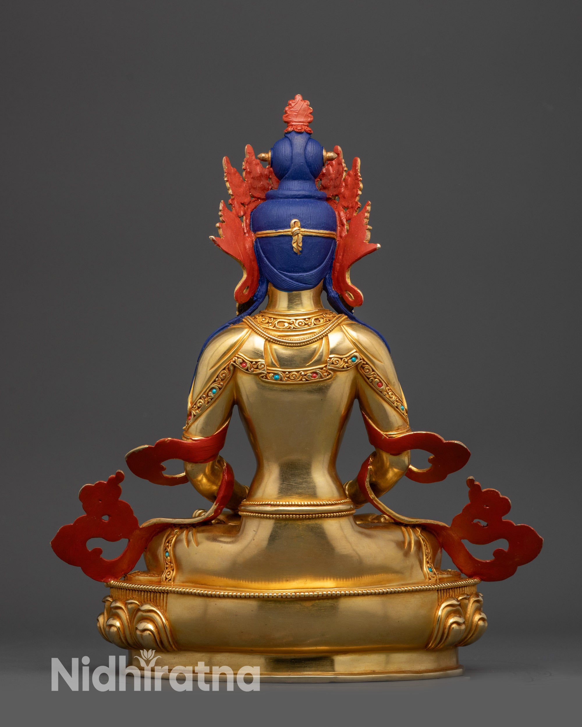 Back view Amitayus statue showing carved robe, lotus pedestal, and detailed craftsmanship