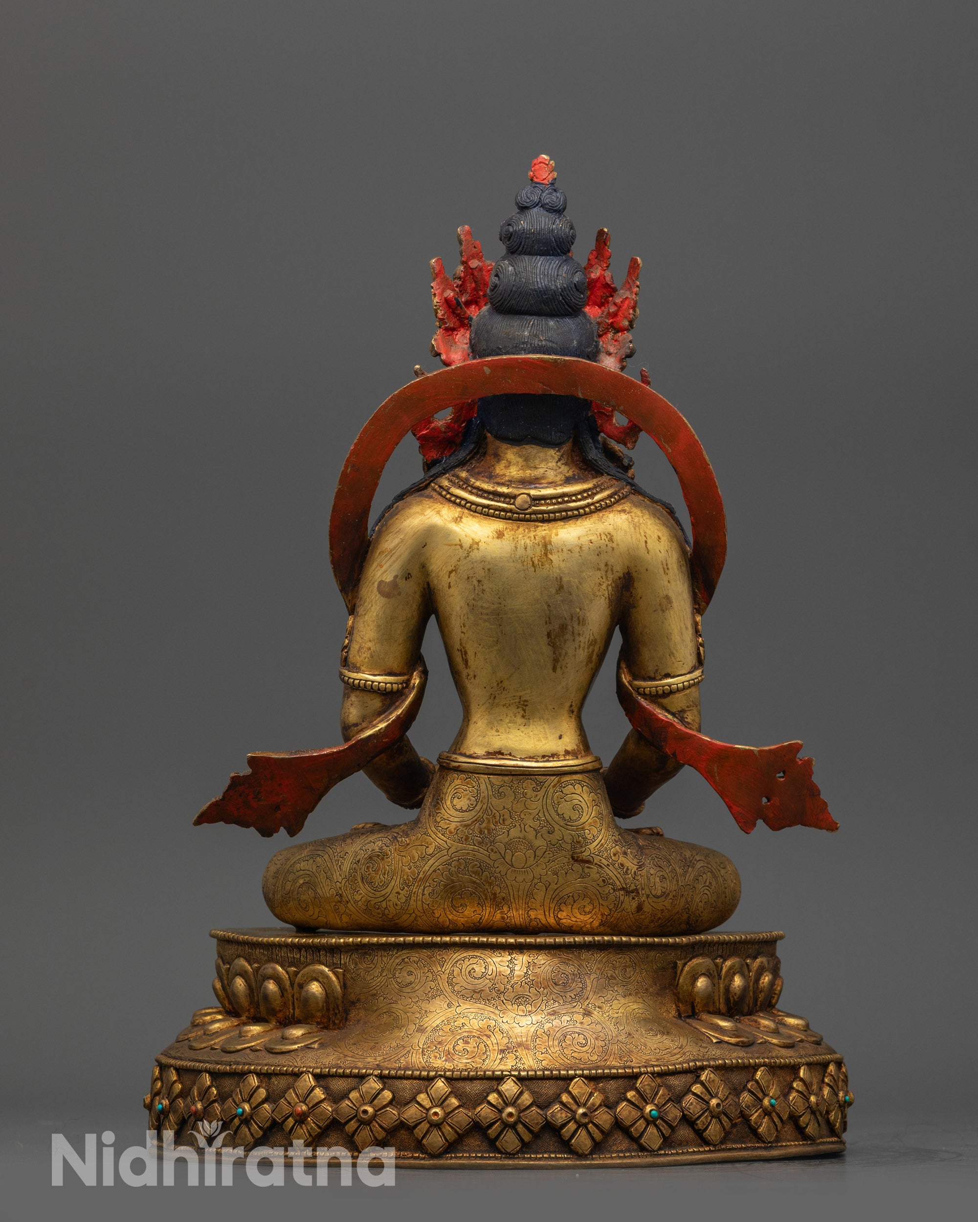 Back view Antique Finish Amitayus Figurine showing carved patterns and ornate robe