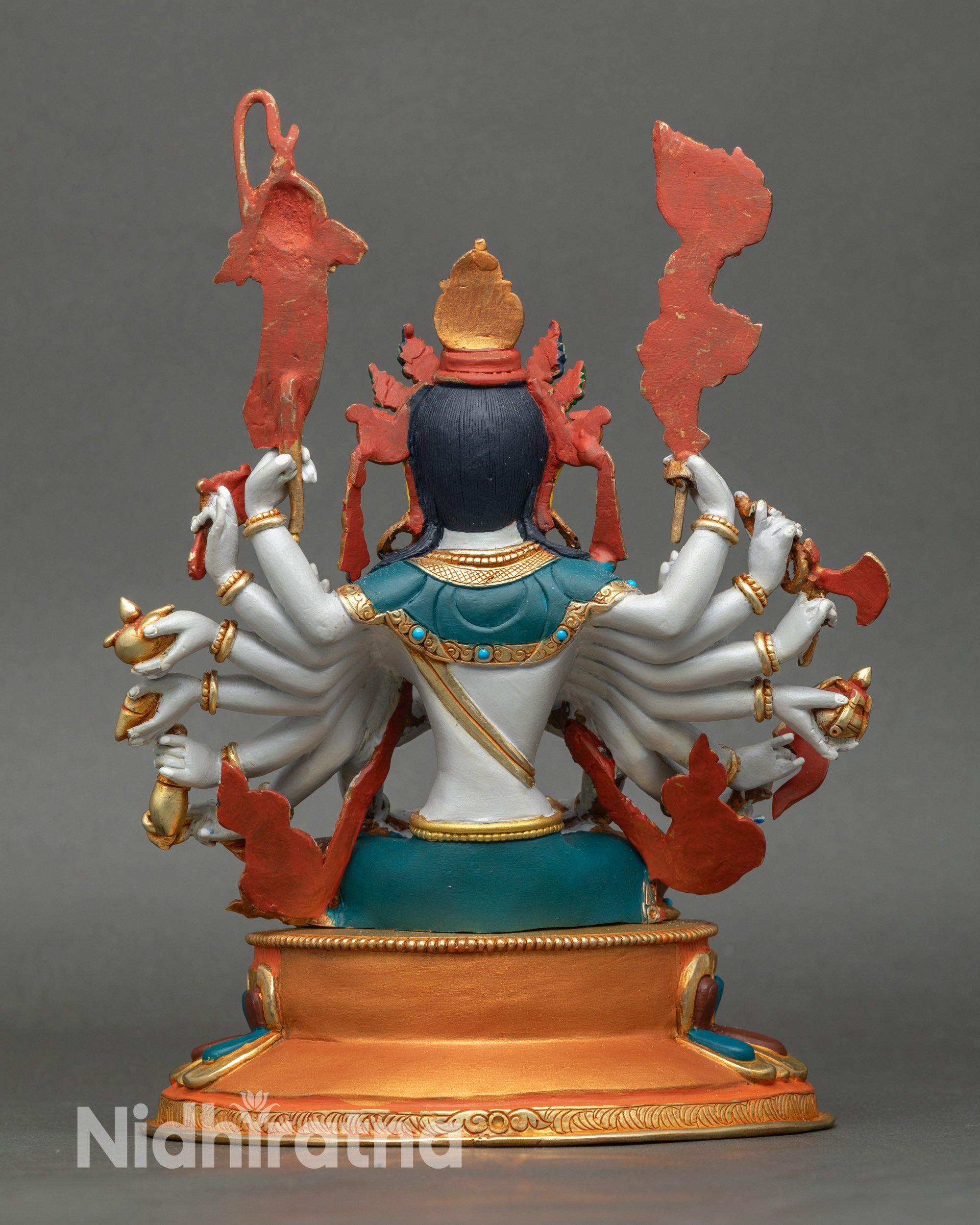 Back view: Back view Chundi meditation statue, detailed lotus throne, flowing silk-like garments