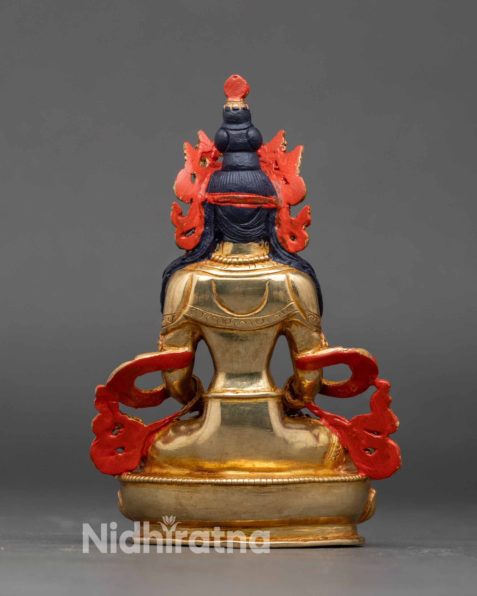 Back view Bodhisattva Amitayus statue carved flowing robes Himalayan Buddhist sculpture