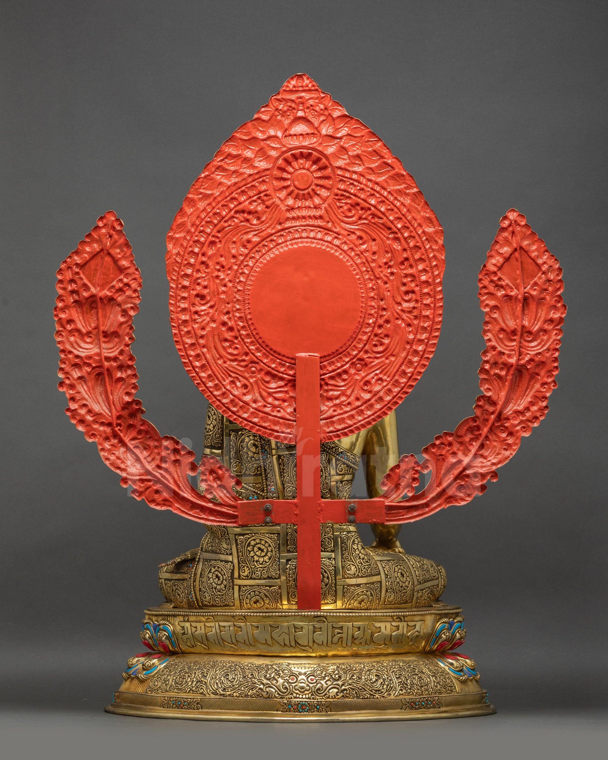 Back view Buddha Shakyamuni Statue showing carved robe draping and detailed halo motifs