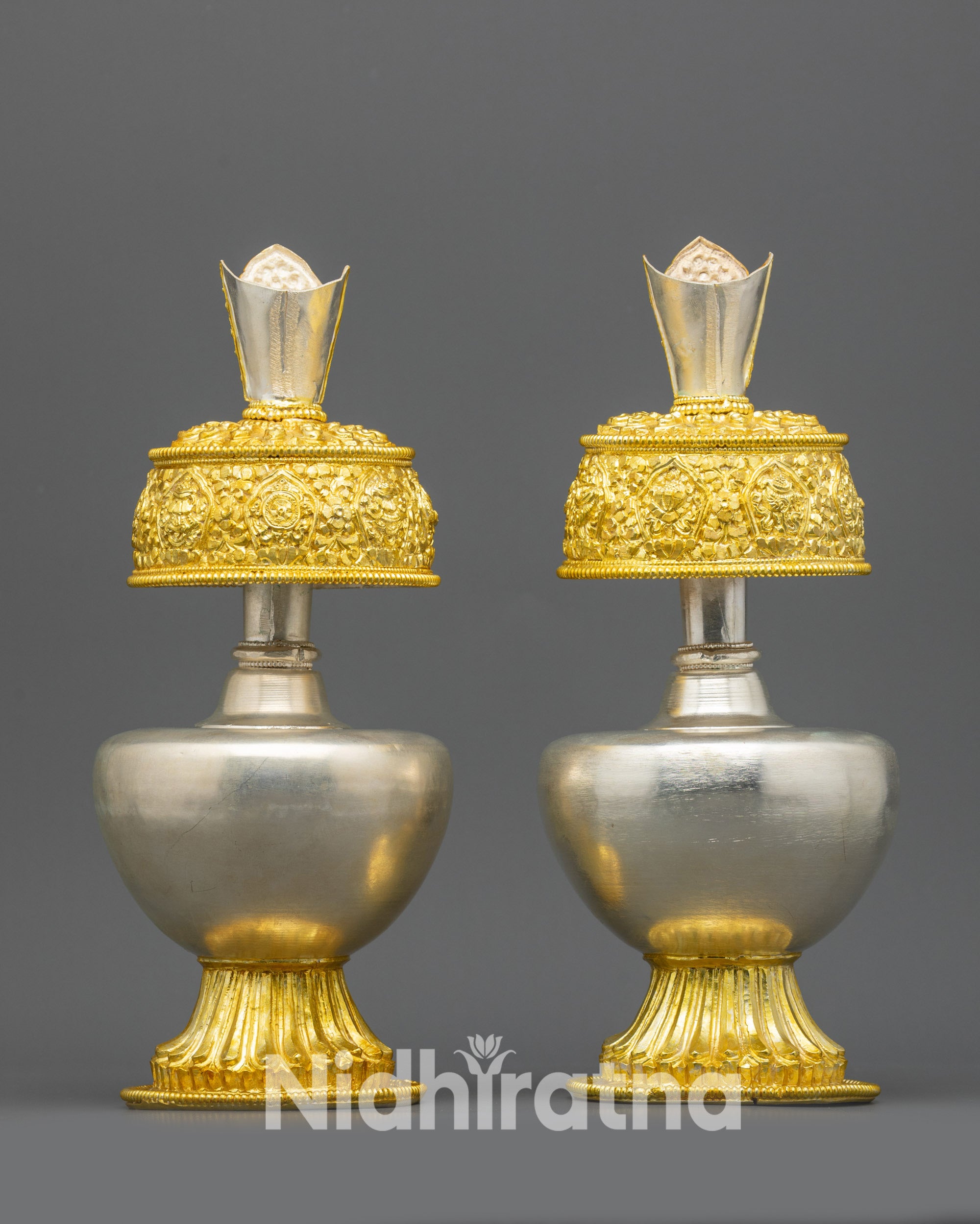 Back view Che Bhumba Set sleek necks and gold-plated smooth bases for Buddhist altars