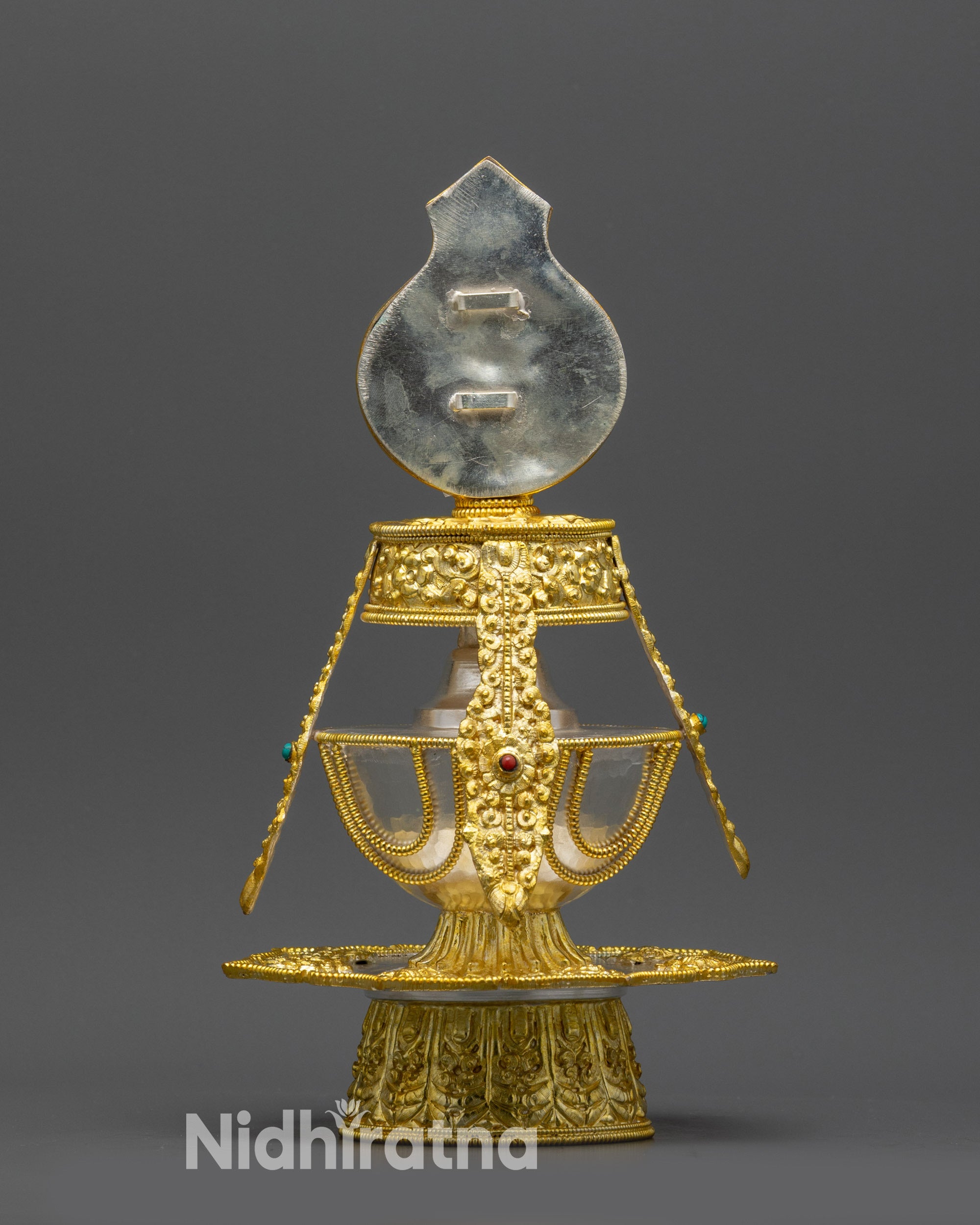 Back view Che Bhumba Vase traditional Himalayan ritual vessel for altar offerings