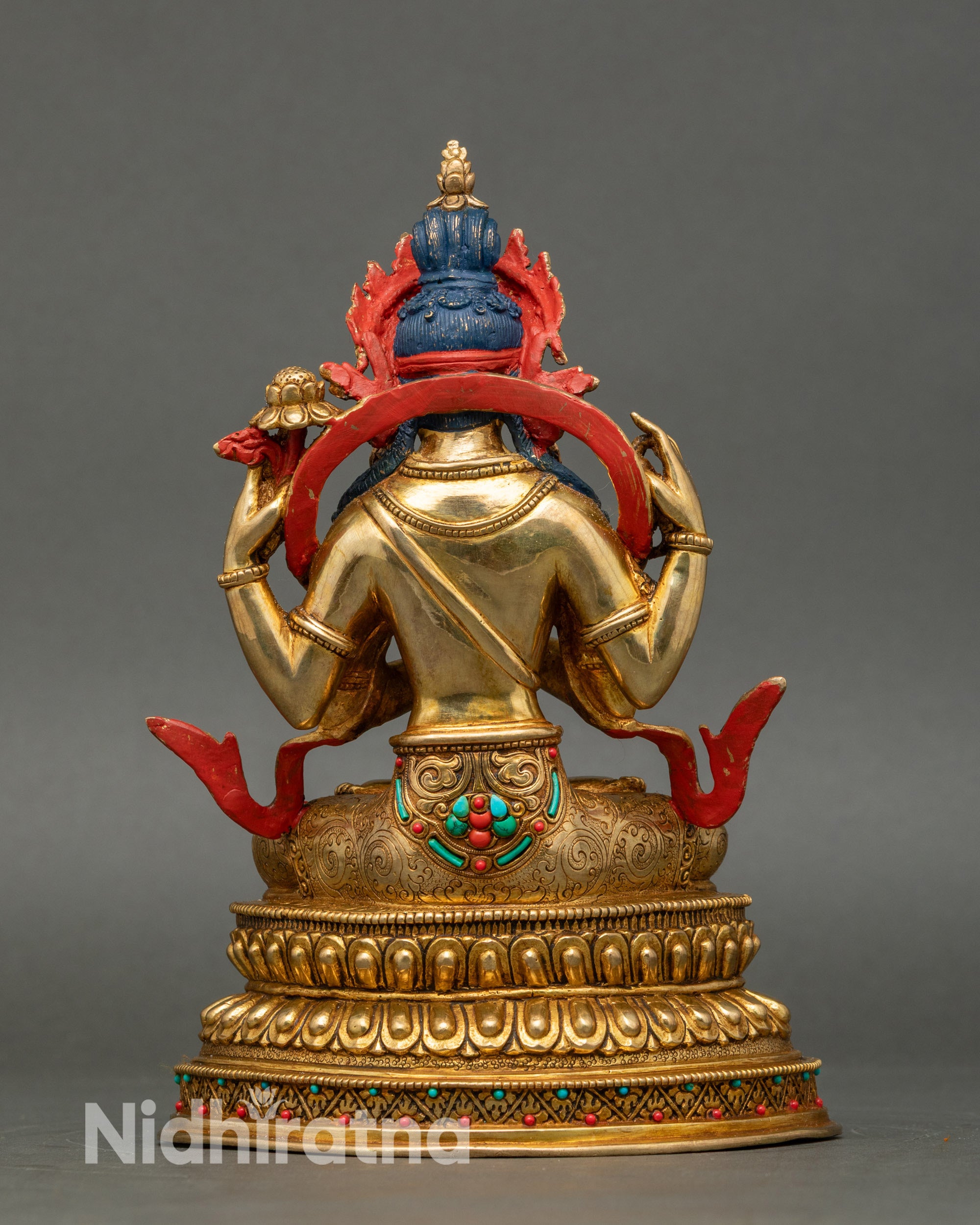 Back view Chenrezig Bodhisattva statue handcrafted by Newari artisan gold-gilded Buddhist decor