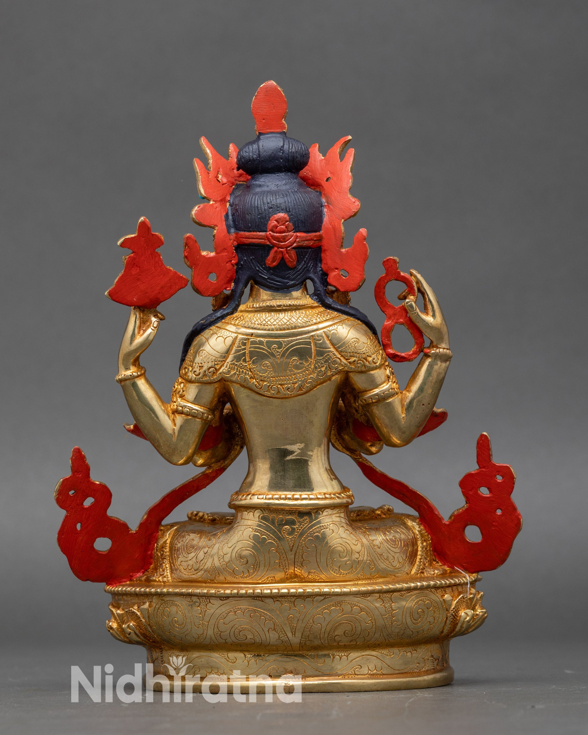 Back view Chenrezig Statue – artisan-crafted Nepalese copper for altar and meditation décor