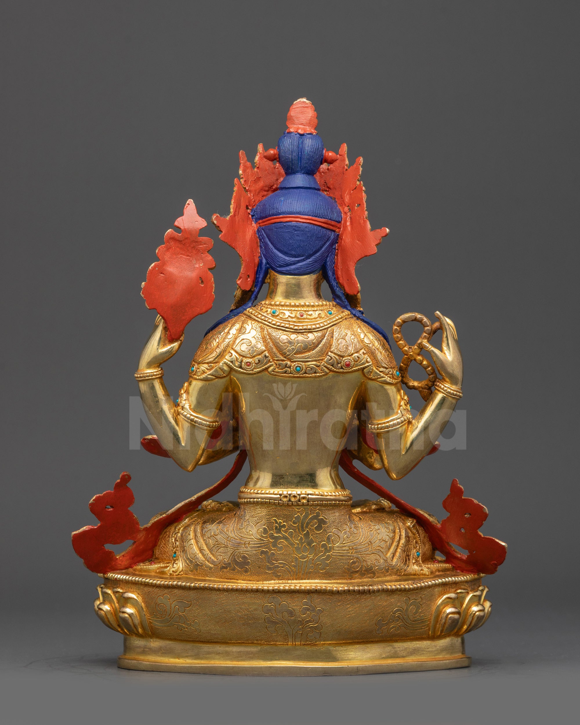 Back view Chenrezig Statue showing lotus throne with semi-precious stones and carvings