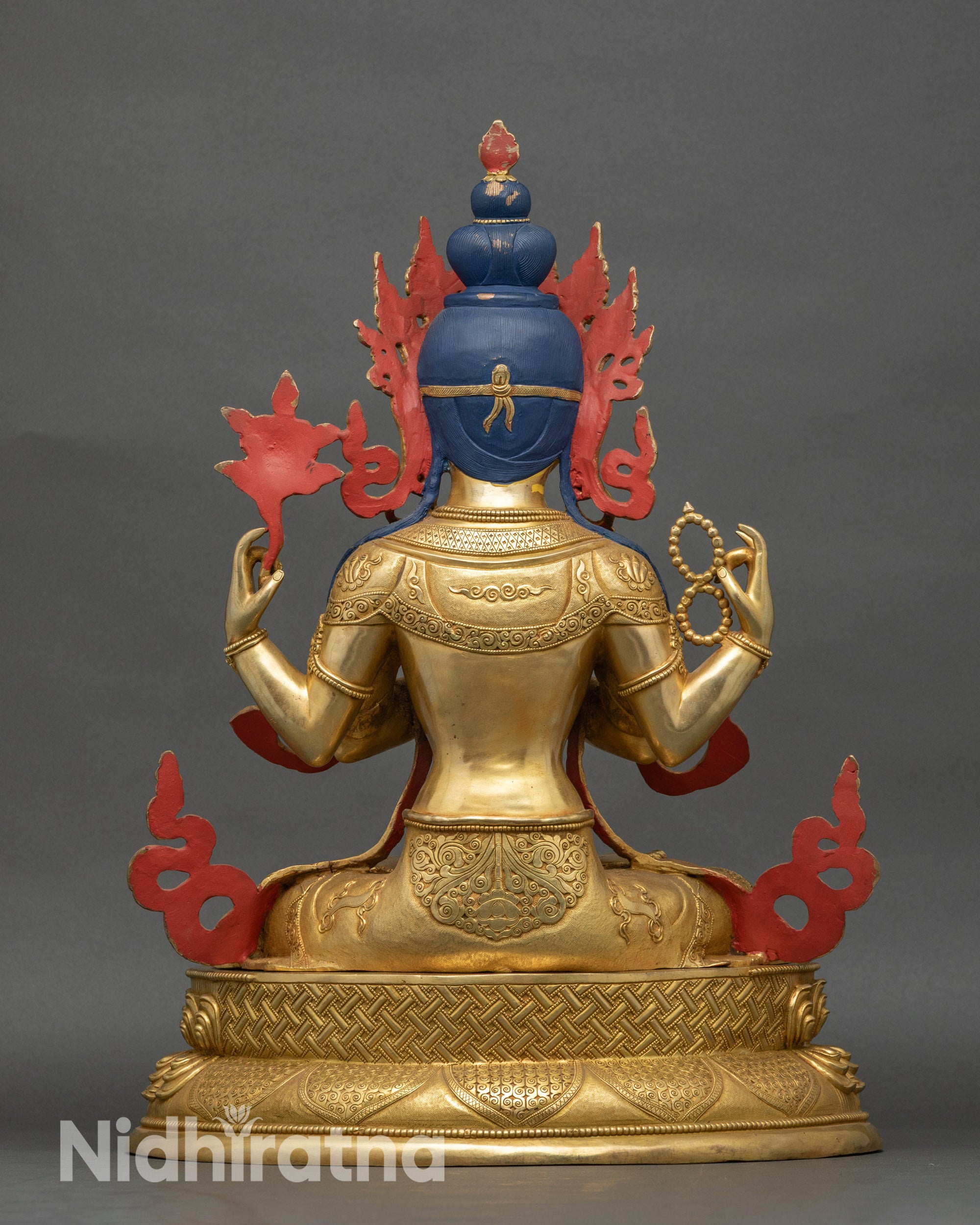 Back view Chenrezig Statue with crystal mala and lotus, crafted by skilled Newari artisans