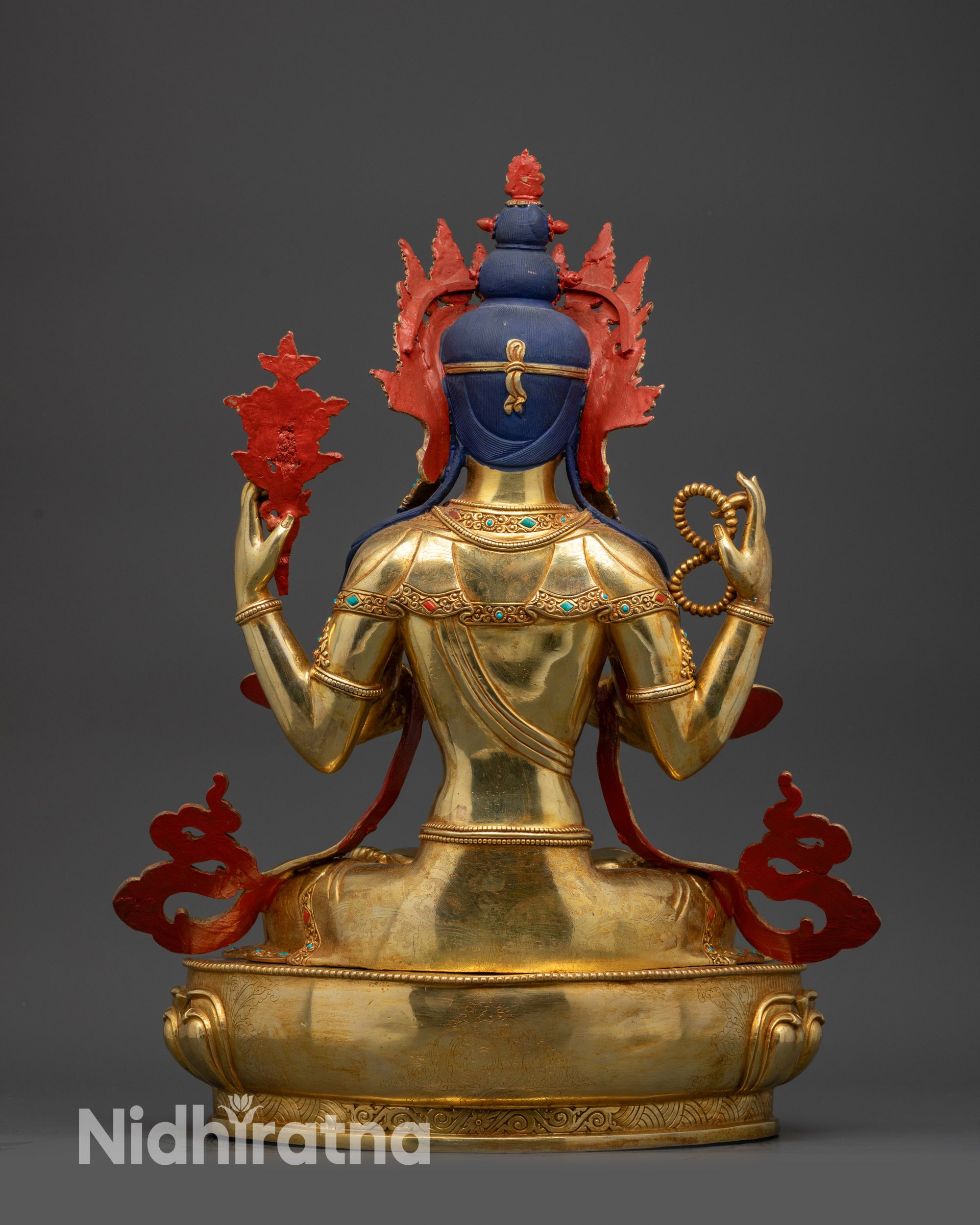 Back view Chenrezig statue Nepal handcrafted gold-gilded robe carvings for meditation